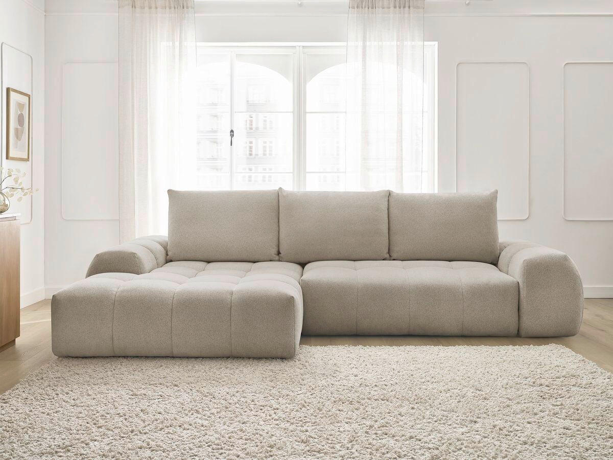 ECKSCHLAFSOFA EVEREST  mit Rücken echt, Armteil links, Armteil rechts Flachgewebe Taupe  - Taupe/Schwarz, MODERN, Kunststoff/Textil (180/318cm) - Livetastic