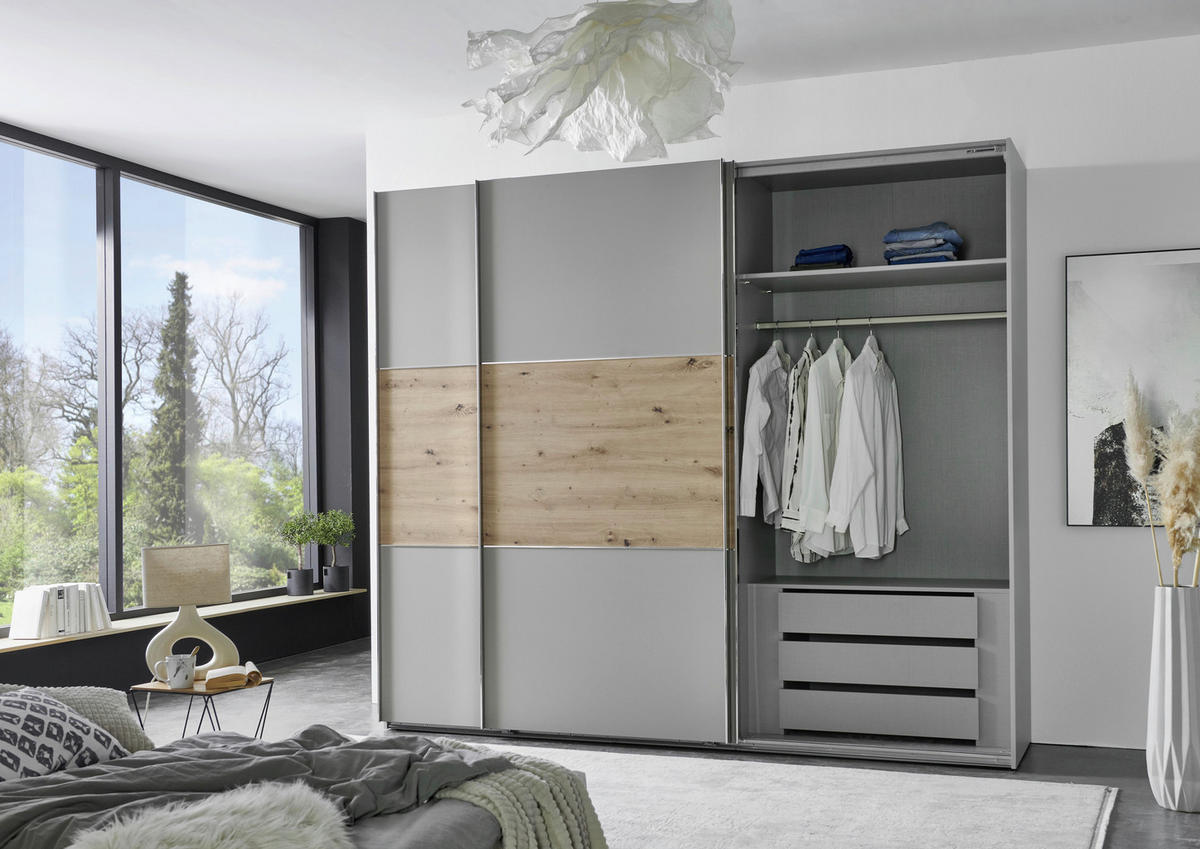 SCHWEBETÜRENSCHRANK 250/216/65 cm 3-türig Grau, Edelstahlfarben, Eiche Artisan  - Edelstahlfarben/Eiche Artisan, KONVENTIONELL, Holzwerkstoff/Metall (250/216/65cm) - Stylife