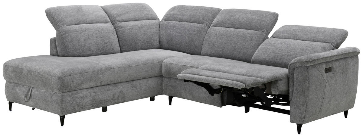 ECKSOFA Grau Chenille Relaxfunktion, Kopfteilverstellung, Stauraum  - Schwarz/Grau, Design, Textil/Metall (220/266cm) - Xora