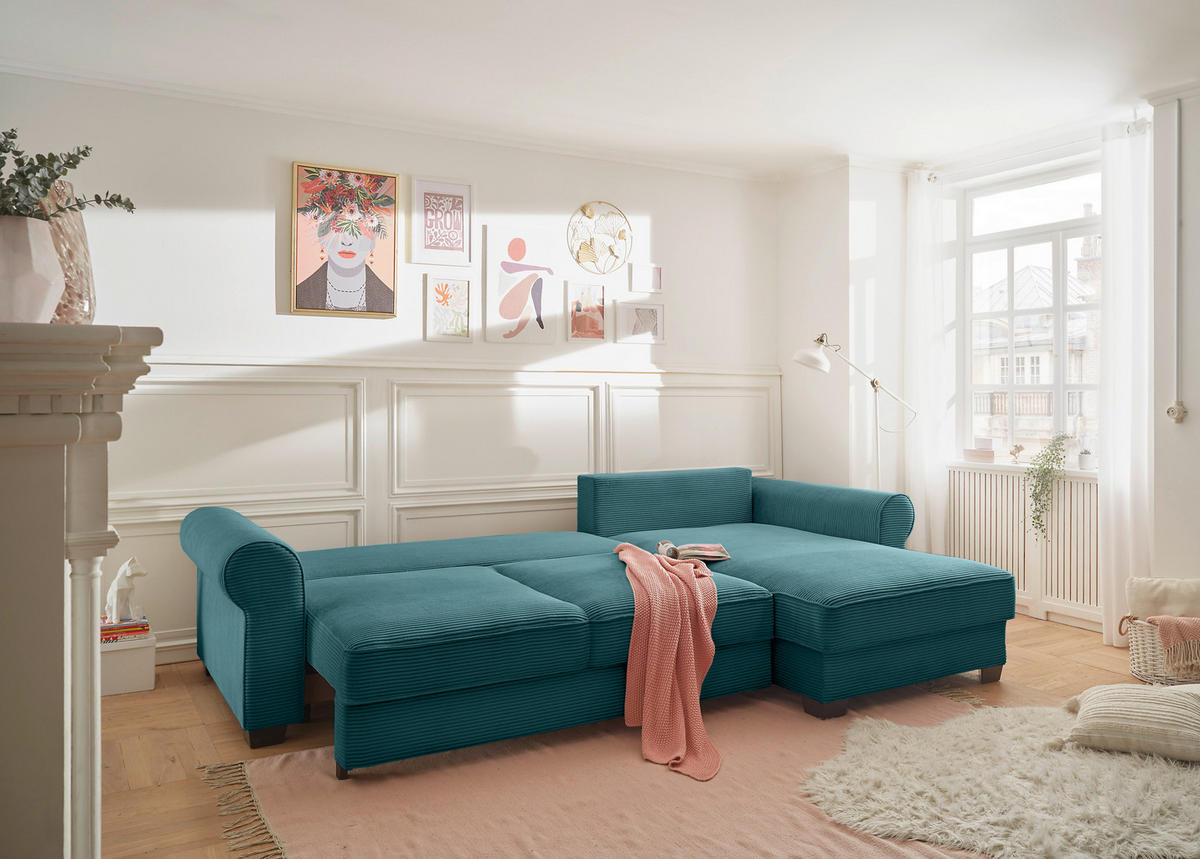 ECKSOFA Azurblau Cord  - Azurblau/Schwarz, KONVENTIONELL, Kunststoff/Textil (318/197cm) - Hom`in