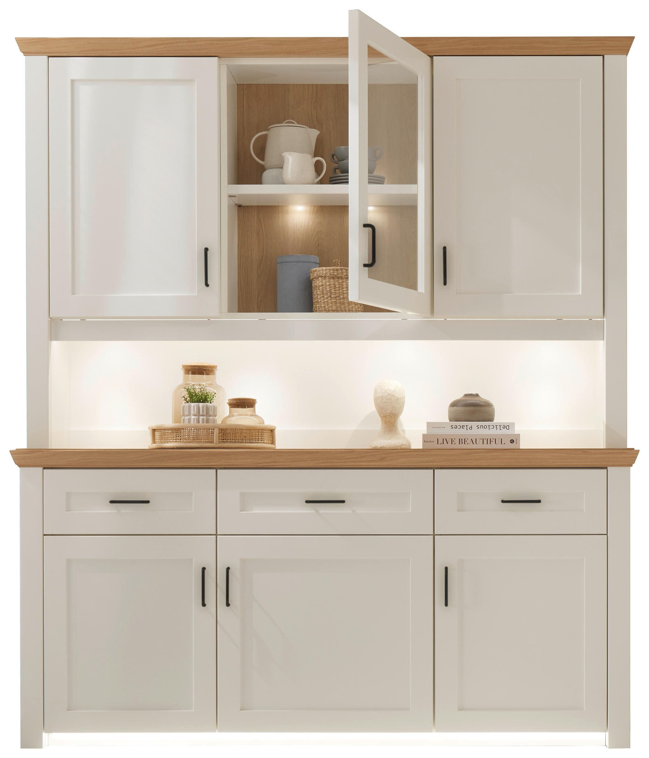 BUFFET Weiß, Eichefarben  166/185/43 cm  - Eichefarben/Schwarz, LIFESTYLE, Glas/Holz (166/185/43cm) - Landscape