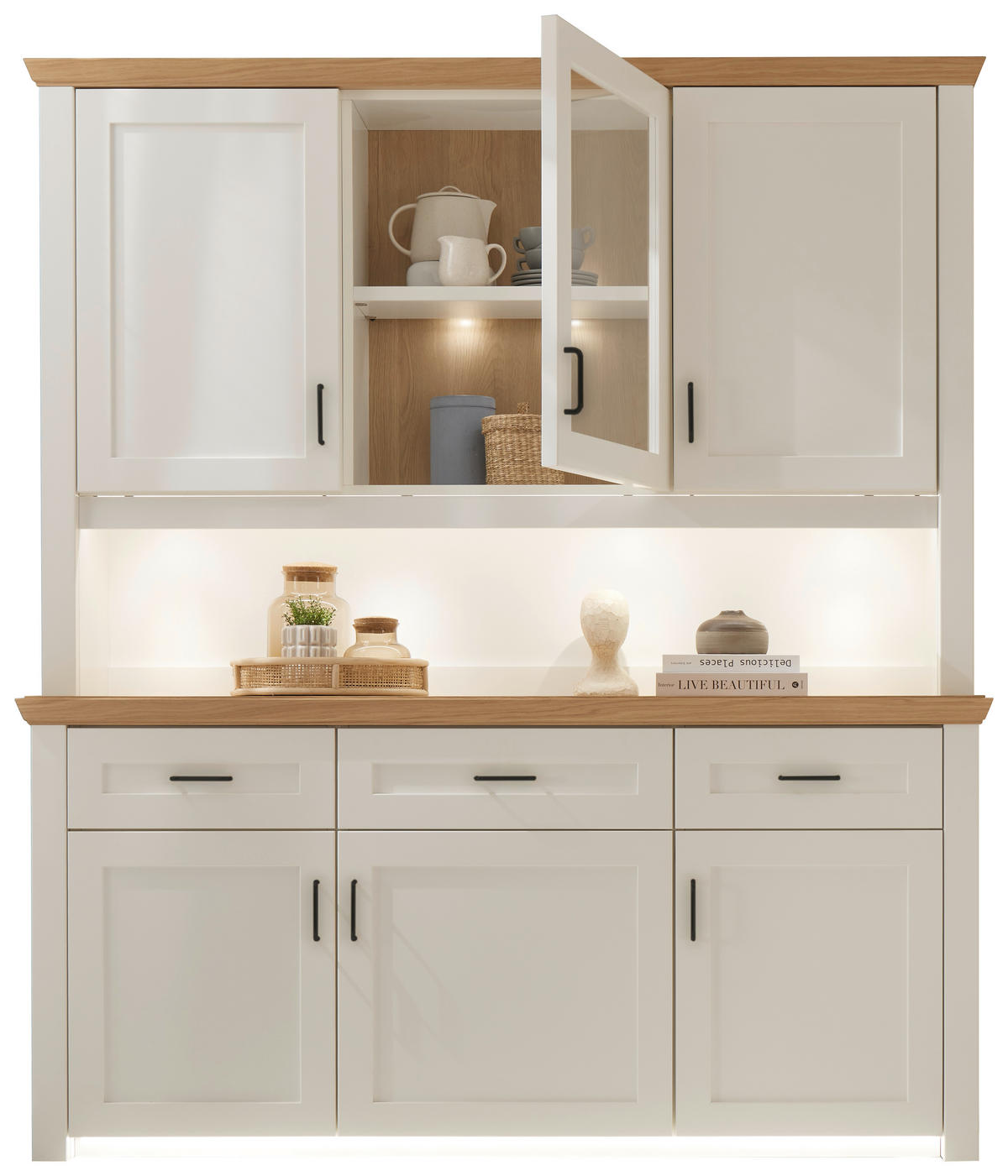 BUFFET Weiß, Eichefarben  166/185/43 cm  - Eichefarben/Schwarz, LIFESTYLE, Glas/Holz (166/185/43cm) - Landscape