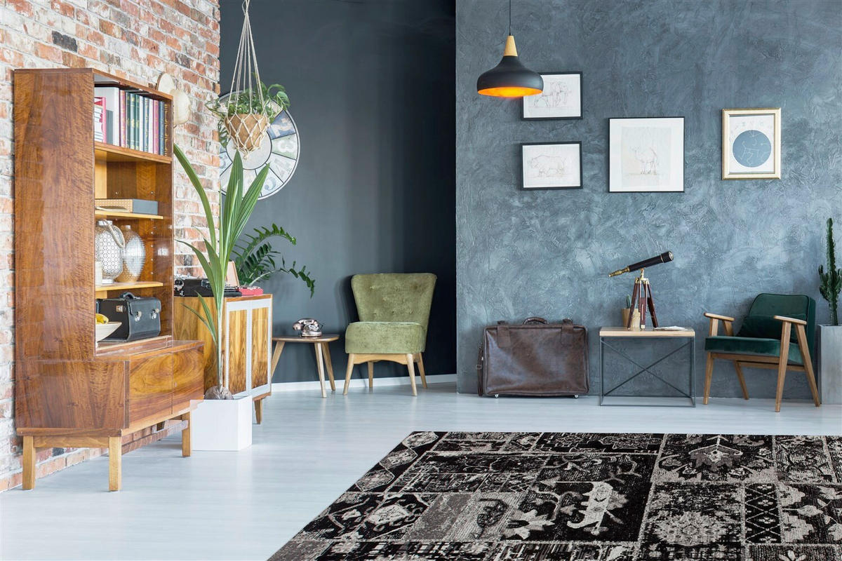 VINTAGE-TEPPICH  Wohnzimmer 80/150 cm Grau, Schwarz rechteckig  - Schwarz/Grau, Basics, Textil (80/150cm) - Kayoom