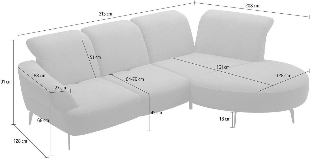 ECKSOFA in Flachgewebe Greige  - Greige/Schwarz, Modern, Textil/Metall (313/208cm) - Sit & More