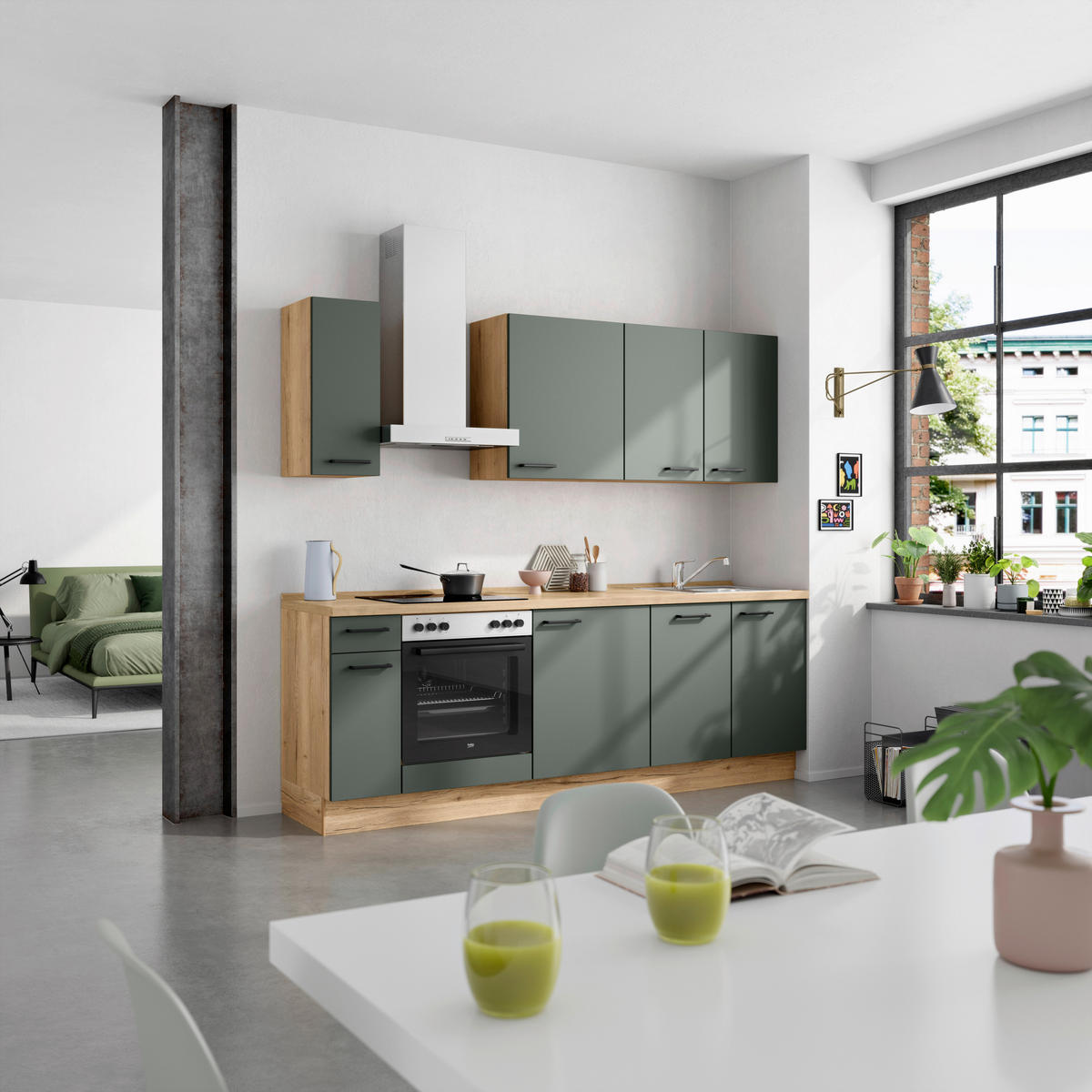 KÜCHENBLOCK Easytouch 240 cm  in Eichefarben, Dunkelgrün  - Dunkelgrün/Eichefarben, MODERN, Holzwerkstoff/Metall (240cm) - Nobilia
