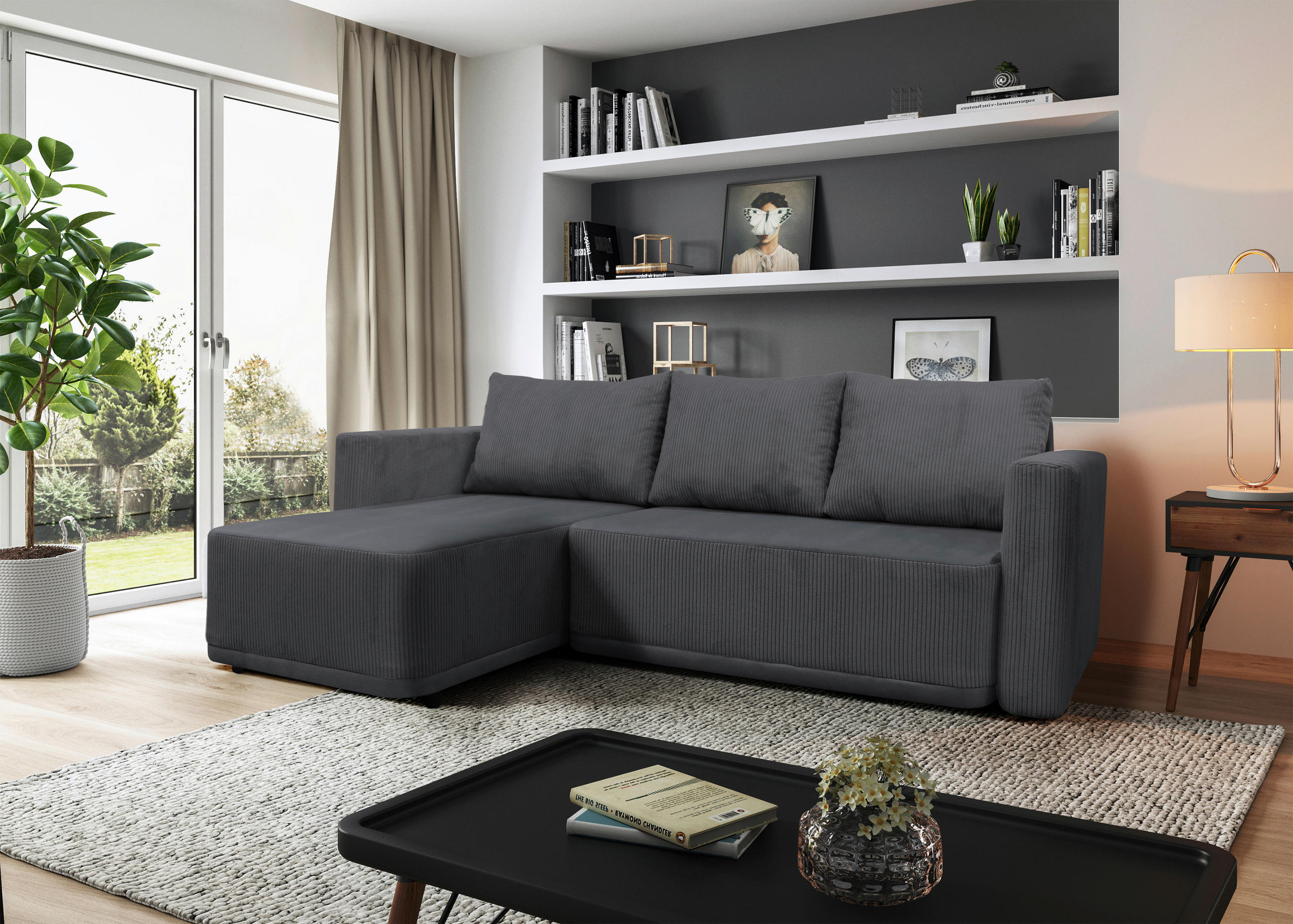 ECKSOFA STELLA Dunkelgrau Plüsch Rückenkissen, Bettkasten  - Dunkelgrau/Schwarz, Design, Kunststoff/Textil (166/234cm) - MID.YOU