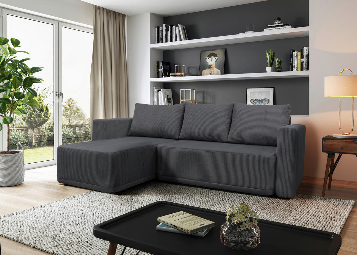 ECKSOFA STELLA Dunkelgrau Plüsch Rückenkissen, Bettkasten  - Dunkelgrau/Schwarz, Design, Kunststoff/Textil (166/234cm) - MID.YOU