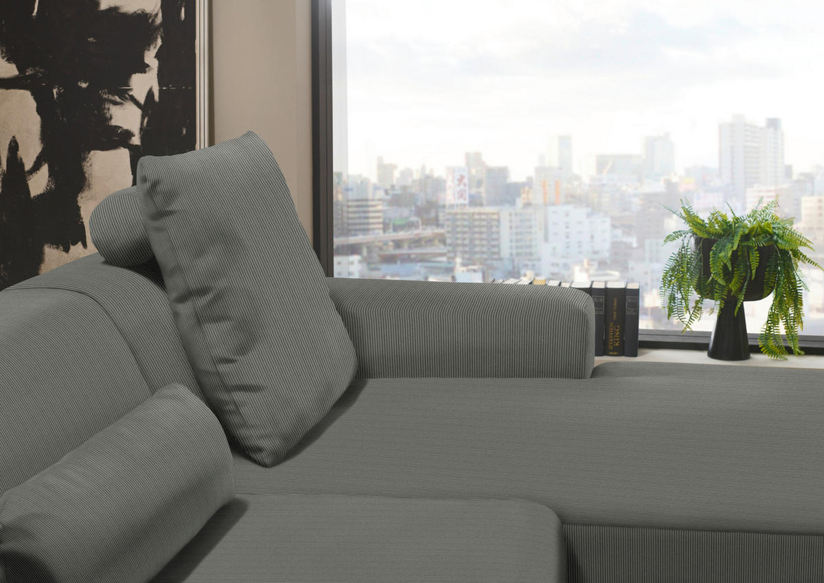 ECKSOFA in Feincord Grau  - Schwarz/Grau, Design, Kunststoff/Textil (301/177cm) - Beldomo Style
