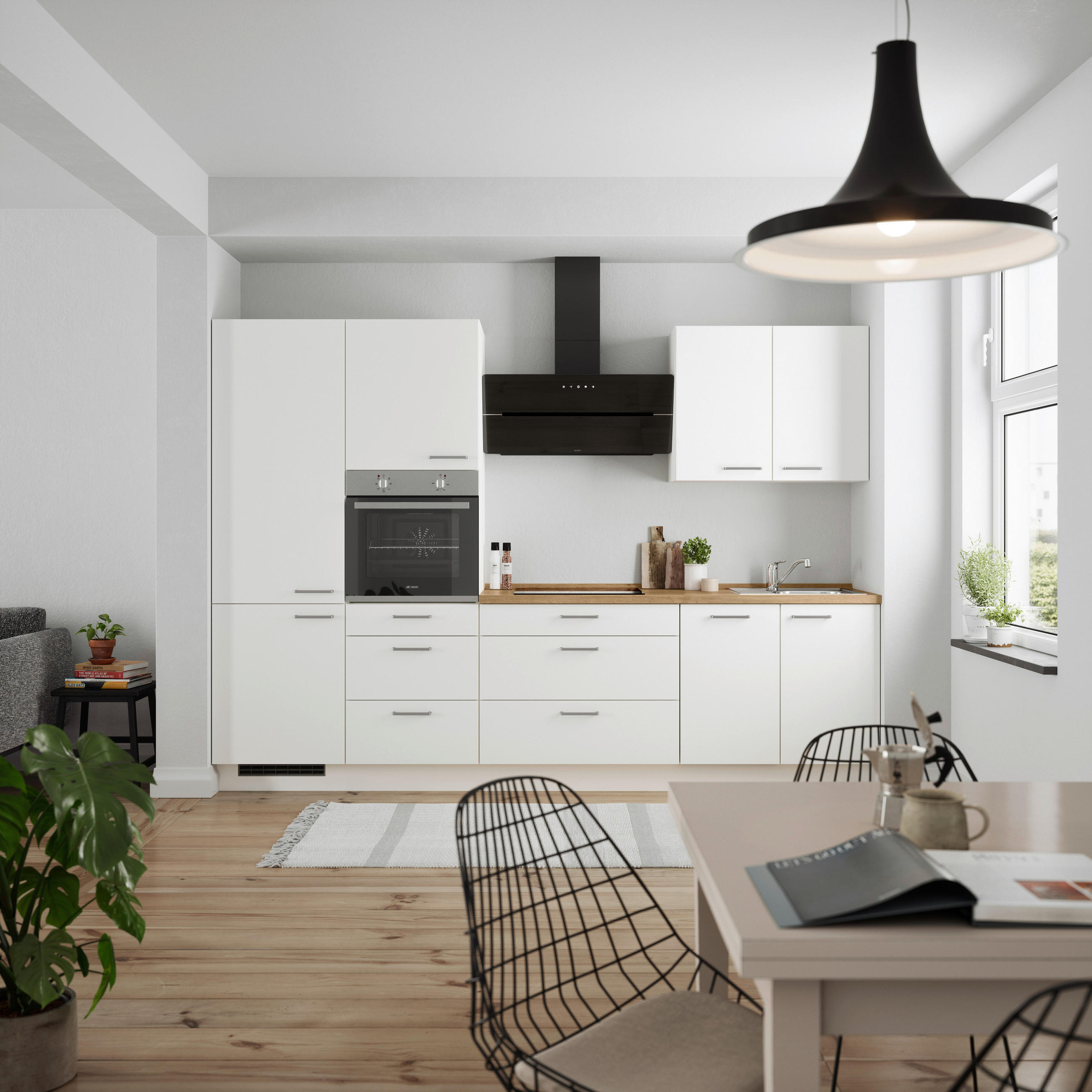 KÜCHENBLOCK 300 cm   in Weiß, Eichefarben  - Edelstahlfarben/Eichefarben, MODERN, Holzwerkstoff/Metall (300cm) - Nobilia