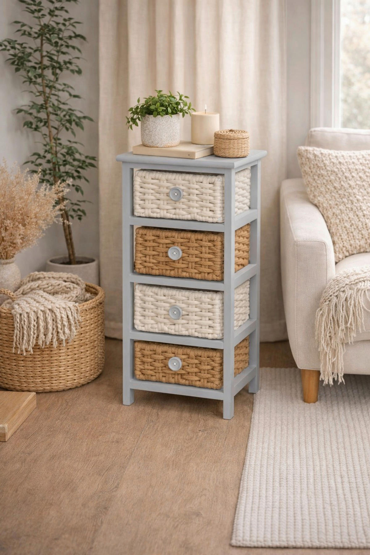 KOMMODE , , 4 Schublade(n)  - Creme/Hellgrau, Design, Holz/Textil (25/30/74cm) - MID.YOU