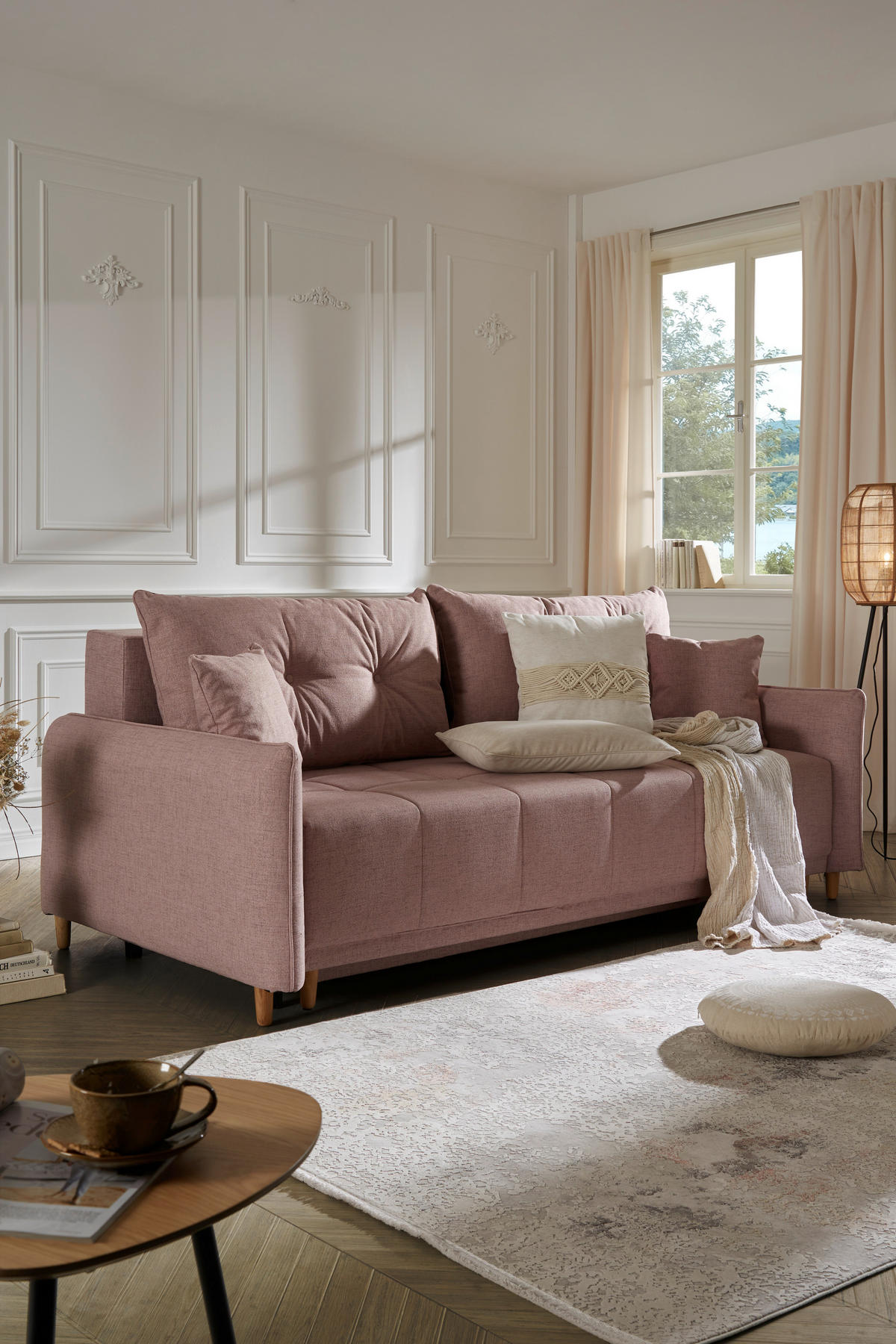 SCHLAFSOFA Webstoff Rosa  - Eichefarben/Rosa, Design, Holz/Textil (227/98/113cm) - Carryhome