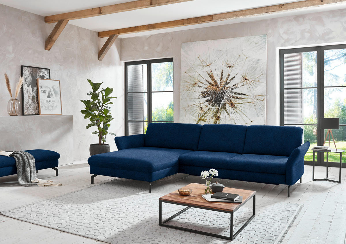 ECKSOFA in Velours Dunkelblau  - Schwarz/Dunkelblau, Design, Textil/Metall (179/306cm) - Beldomo System