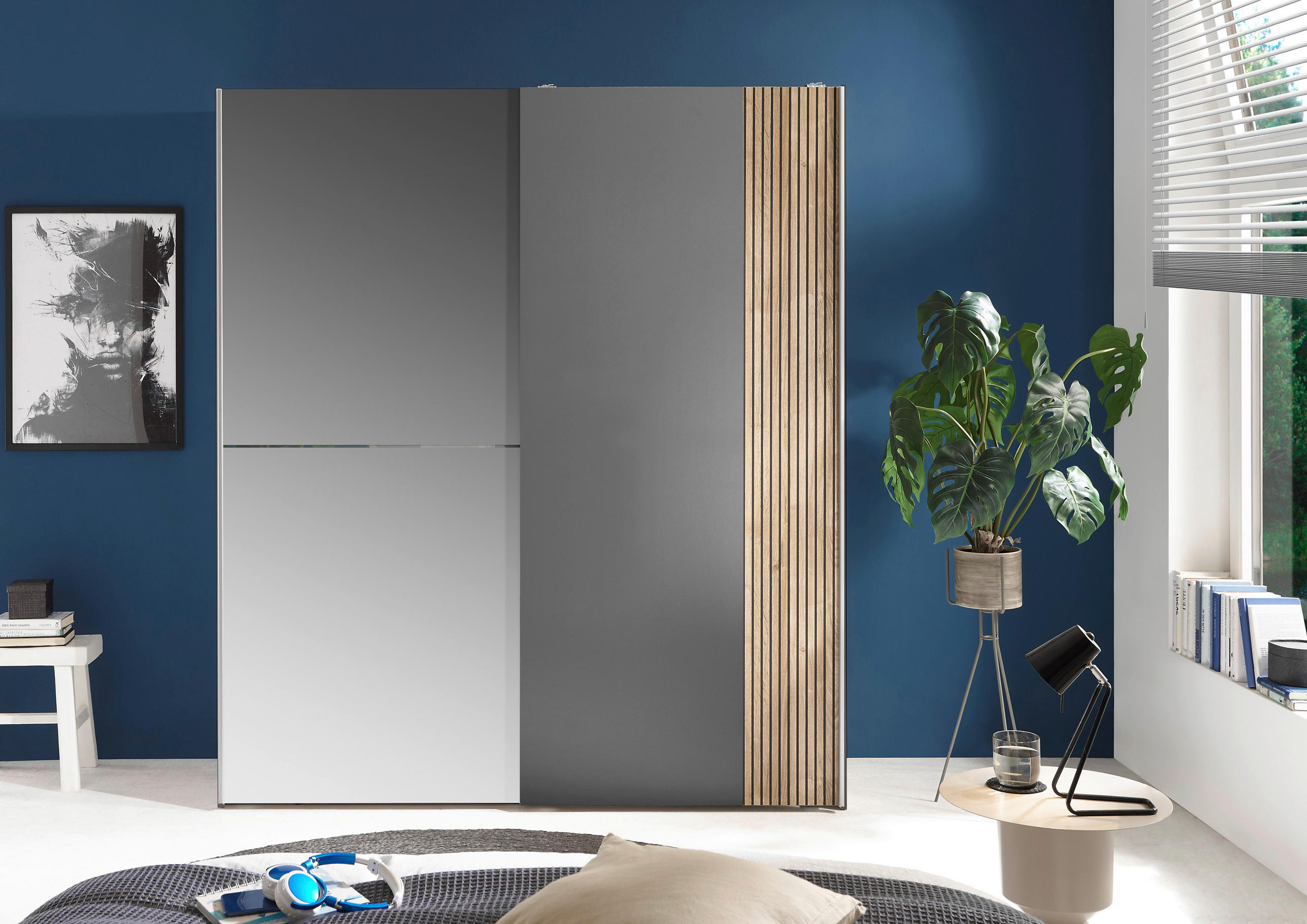 SCHWEBETÜRENSCHRANK  in Graphitfarben, Eichefarben  - Eichefarben/Alufarben, KONVENTIONELL, Glas/Holzwerkstoff (170/196/57cm) - Carryhome