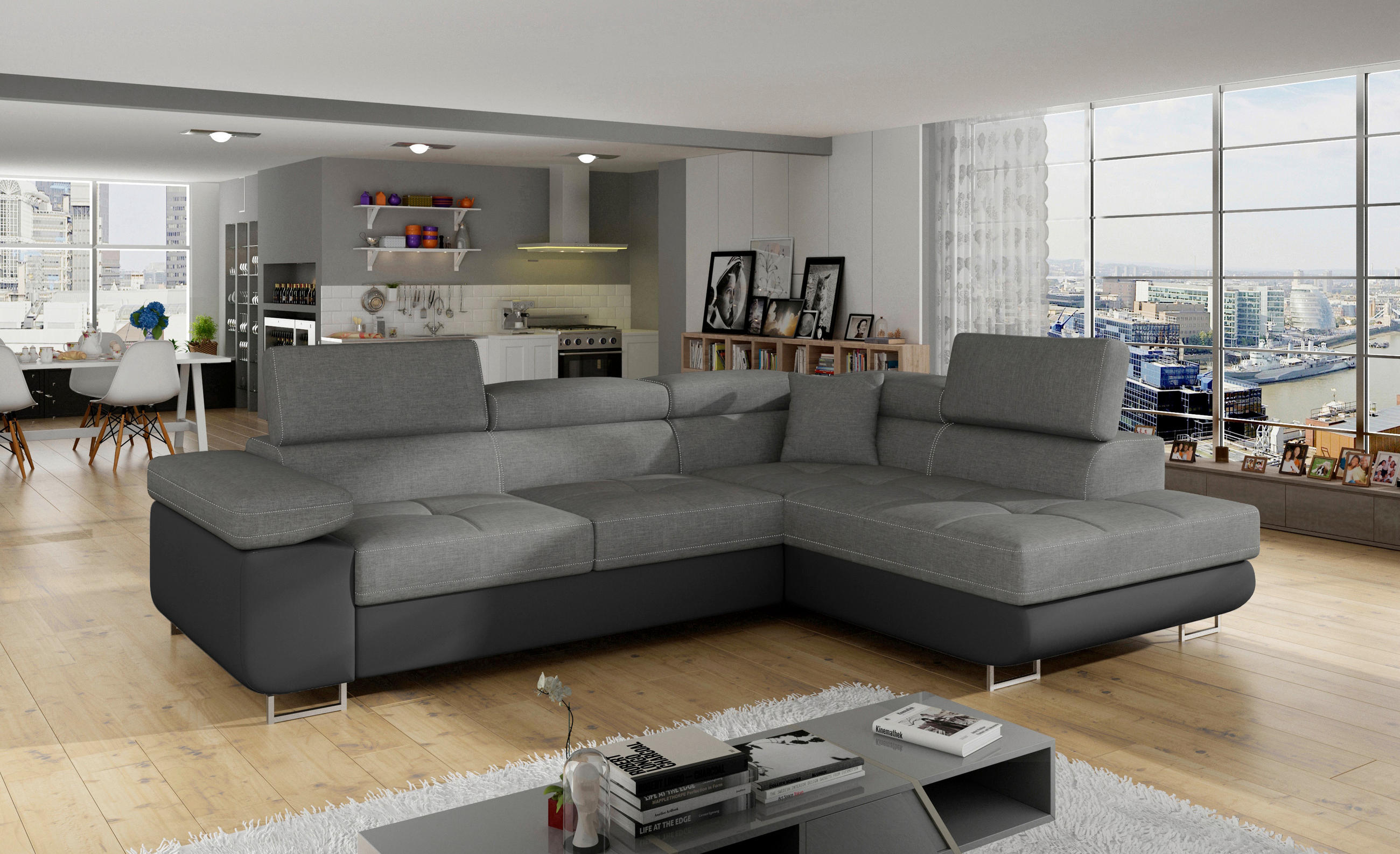 ECKSOFA Grau, Schwarz Textilgeflecht  - Chromfarben/Schwarz, Design, Textil/Metall (272/203cm) - MID.YOU