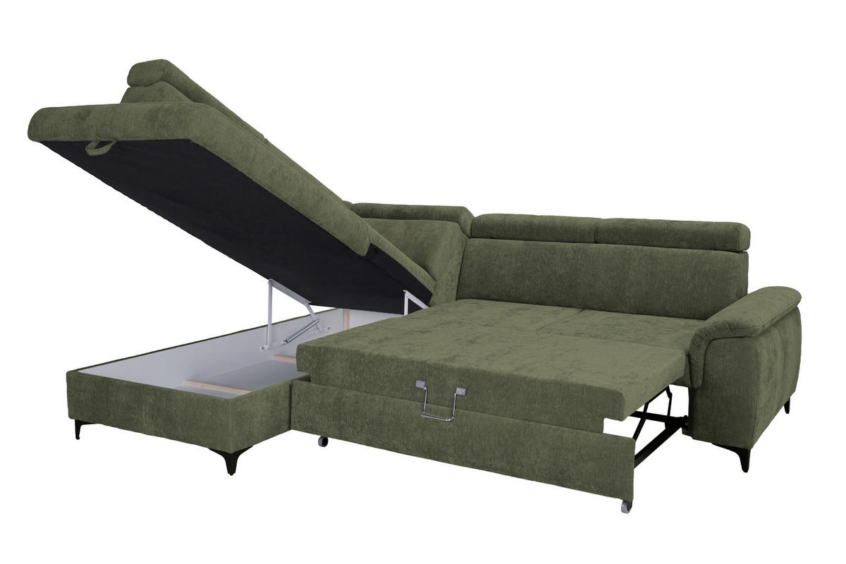 ECKSOFA Dunkelgrün Chenille Bettkasten, Schlaffunktion, Rücken echt, Kopfteilverstellung, Liegefläche im Originalstoff  - Dunkelgrün/Schwarz, KONVENTIONELL, Textil/Metall (206/265cm) - Carryhome