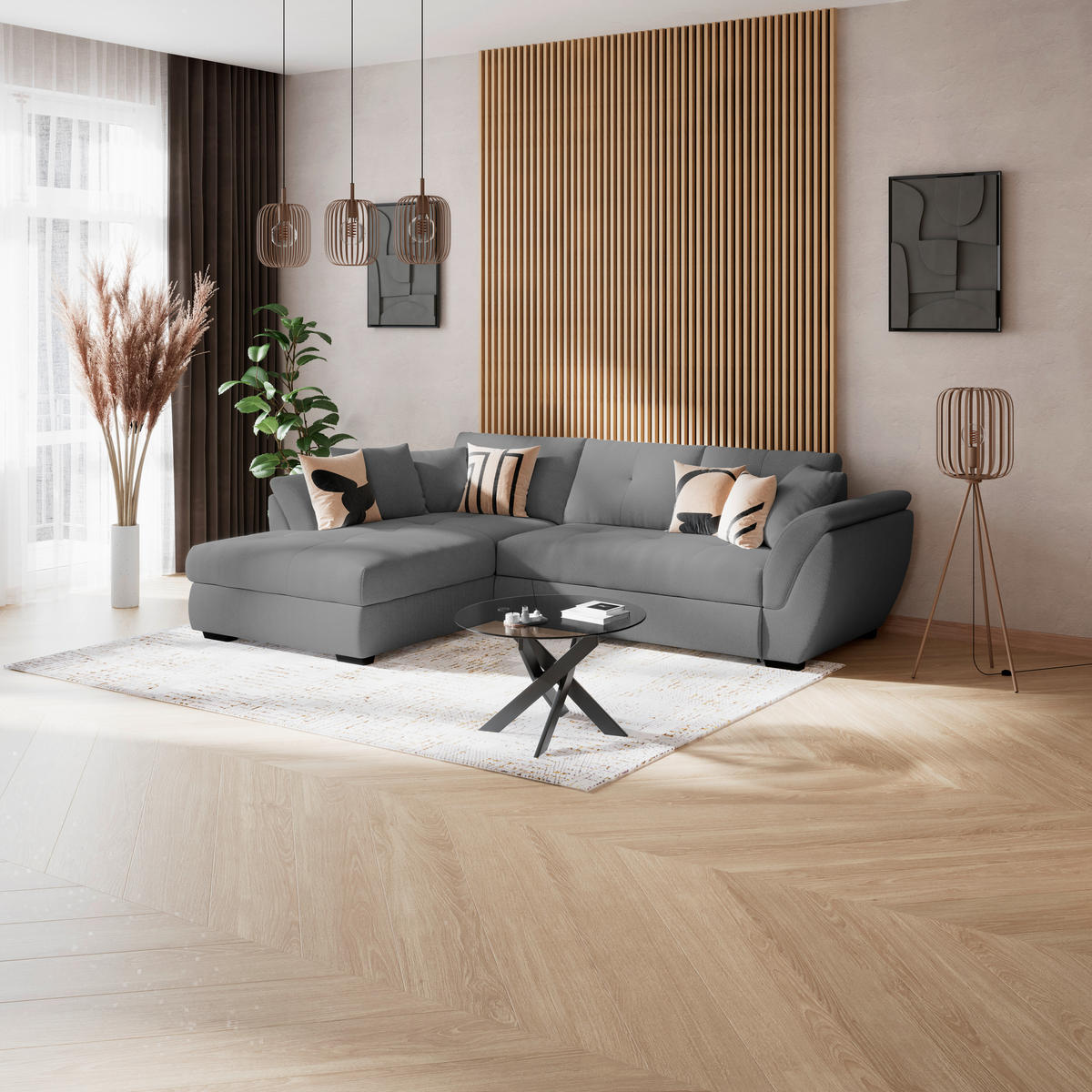 ECKSOFA Anthrazit Zierkissen, Bettkasten, Schlaffunktion, Rücken echt  - Anthrazit/Schwarz, KONVENTIONELL, Kunststoff/Textil (187/278cm) - MID.YOU