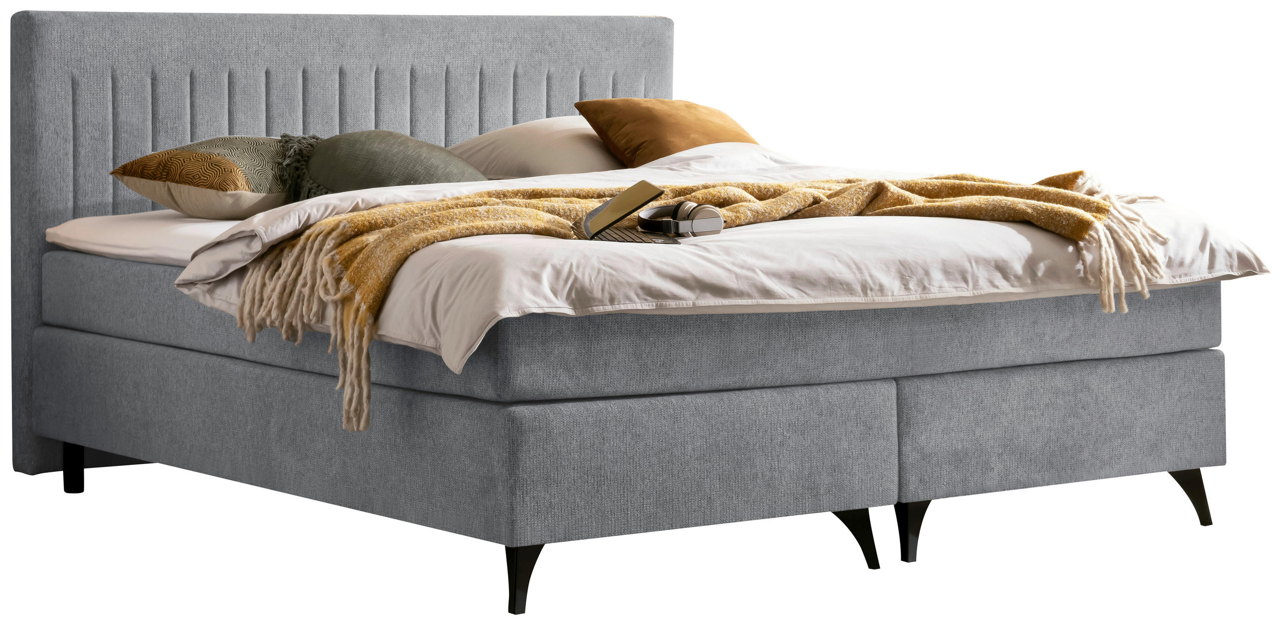 BOXSPRINGBETT 180/200 cm,  in Platinfarben, Matratze, Topper, H2 + H4 = mittel + sehr fest  - Platinfarben/Schwarz, Basics, Textil/Metall (180/200cm) - Boxxx