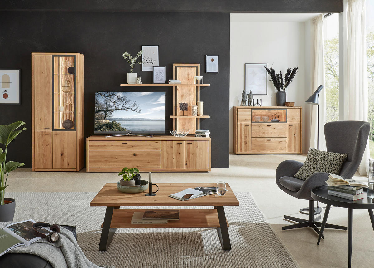 WOHNWAND  in Dunkelgrau, Wildeiche 301/202/45 cm  - Wildeiche/Dunkelgrau, Design, Glas/Holz (301/202/45cm) - Valnatura
