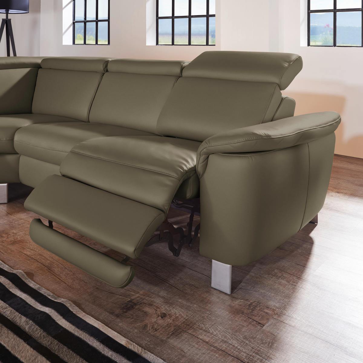 ECKSOFA in Echtleder Olivgrün  - Alufarben/Olivgrün, Design, Leder/Metall (239/271cm) - Cantus