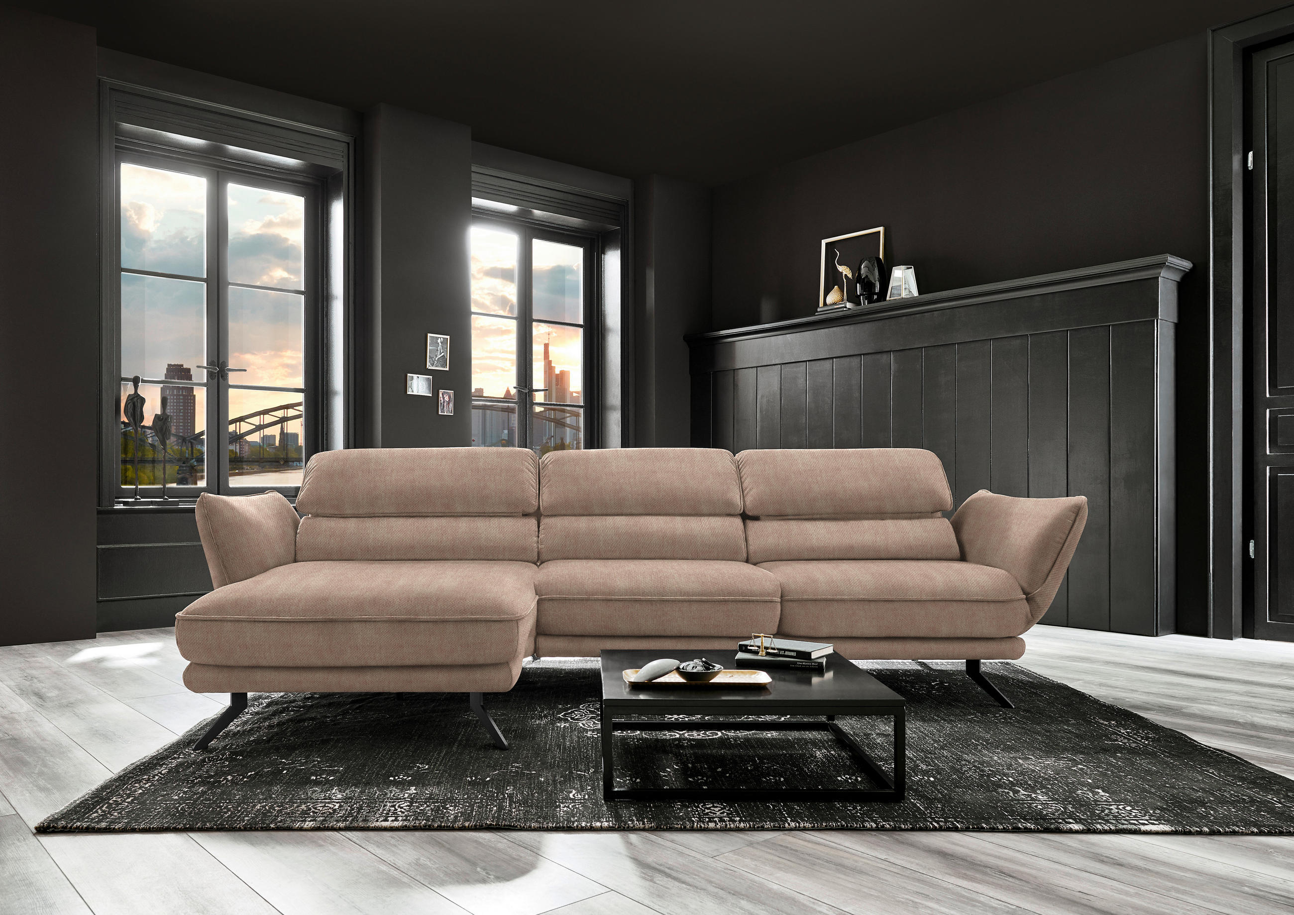 ECKSOFA in Velours Hellbraun  - Hellbraun/Schwarz, Design, Textil/Metall (153/283cm) - Valdera