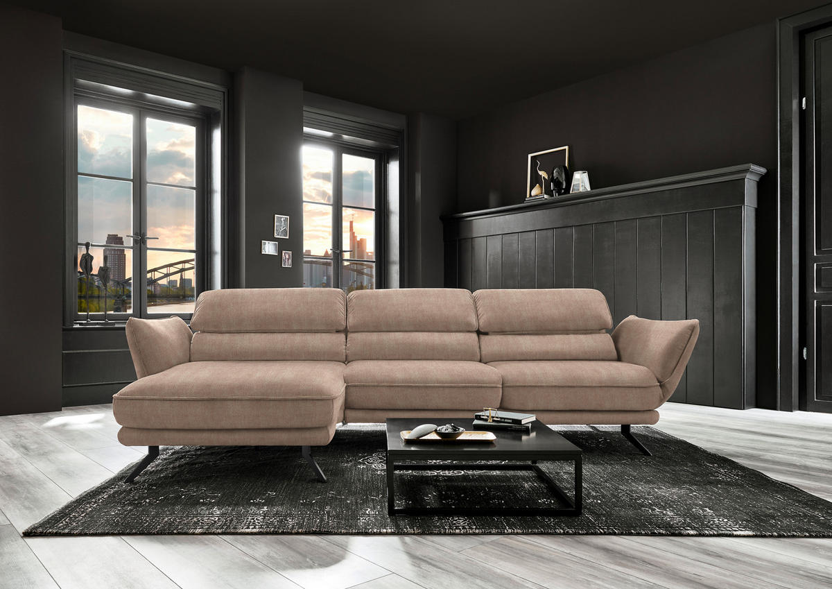 ECKSOFA in Velours Hellbraun  - Hellbraun/Schwarz, Design, Textil/Metall (153/283cm) - Valdera