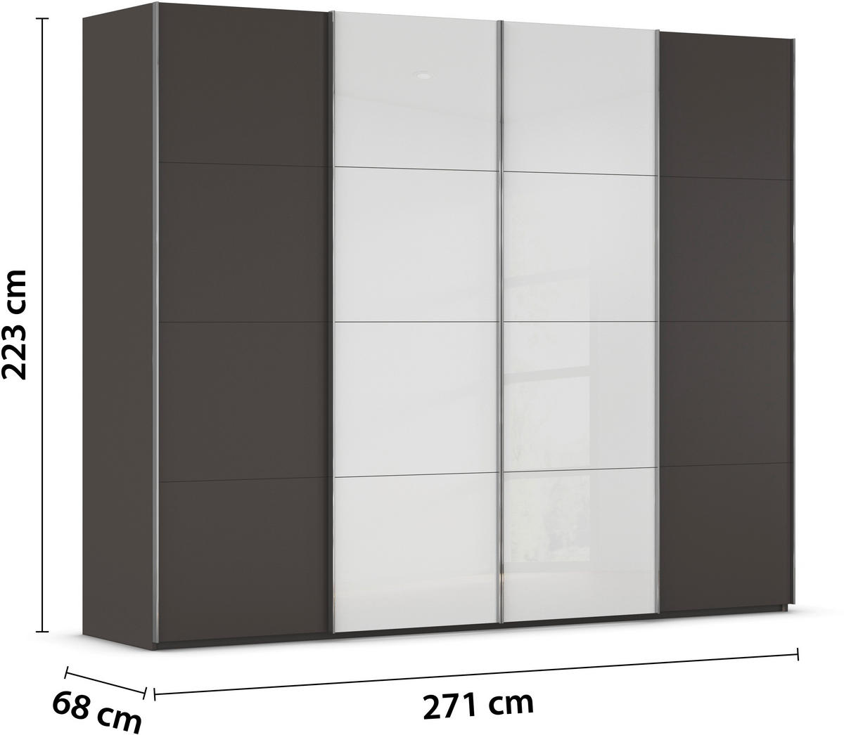 SCHWEBETÜRENSCHRANK 271/223/68 cm 4-türig Graphitfarben, Weiß  - Chromfarben/Graphitfarben, KONVENTIONELL, Glas/Holzwerkstoff (271/223/68cm) - Novel