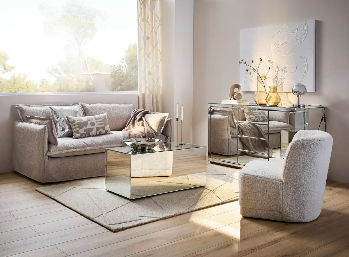 HUSSEN-SOFA Flachgewebe, Bouclé Beige  - Beige/Schwarz, Trend, Textil/Metall (195/82/98cm) - Livetastic