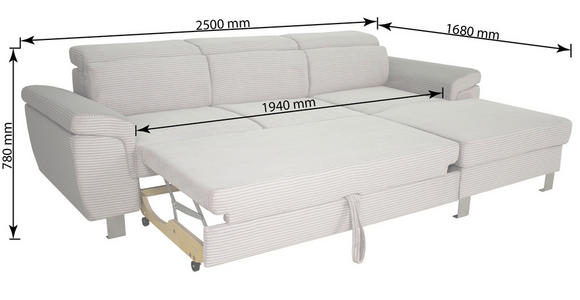 ECKSOFA in Cord Hellgrau  - Silberfarben/Hellgrau, Design, Textil/Metall (250/167cm) - Xora