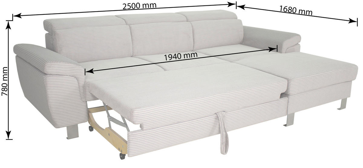 ECKSOFA in Cord Hellgrau  - Silberfarben/Hellgrau, Design, Textil/Metall (250/167cm) - Xora