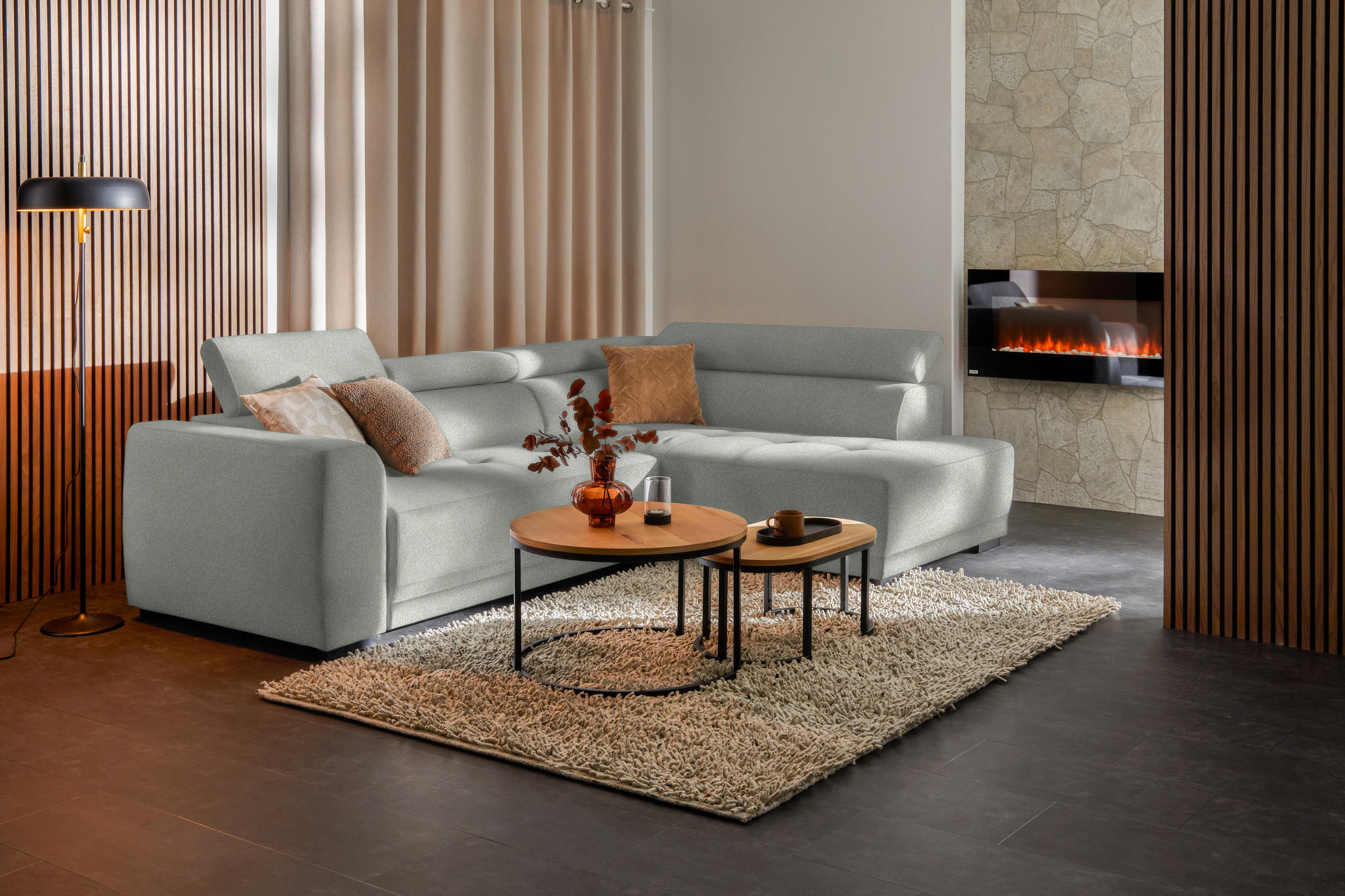 ECKSOFA in Chenille Alabasterfarben  - Alabasterfarben/Schwarz, Design, Kunststoff/Textil (284/205cm) - MID.YOU