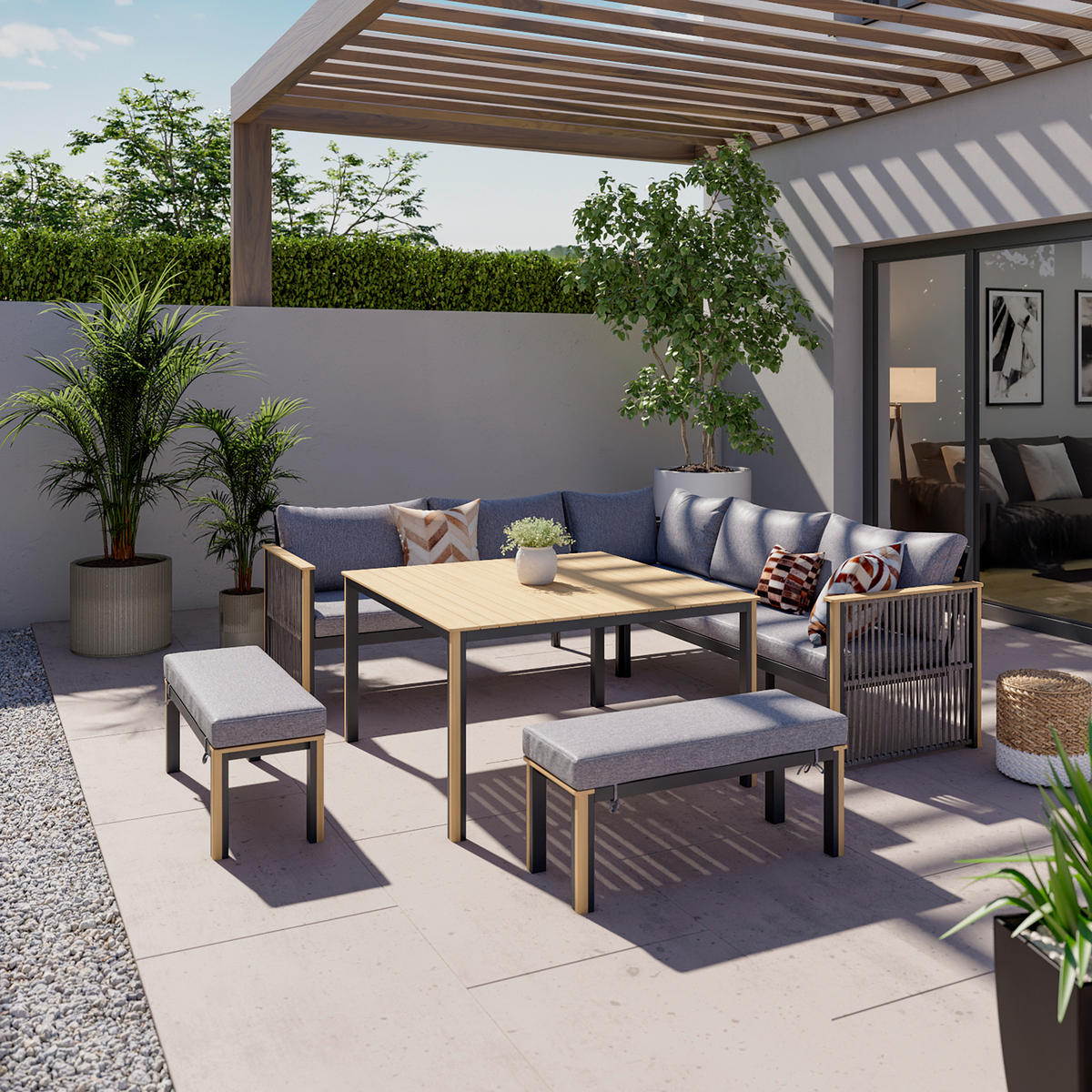 VRTNA GARNITURA   drvo, metal, tekstil  antracit, siva, tamno siva, boje tikovine  - boje tikovine/siva, Design, drvo/metal (230/230cm) - Ambia Garden