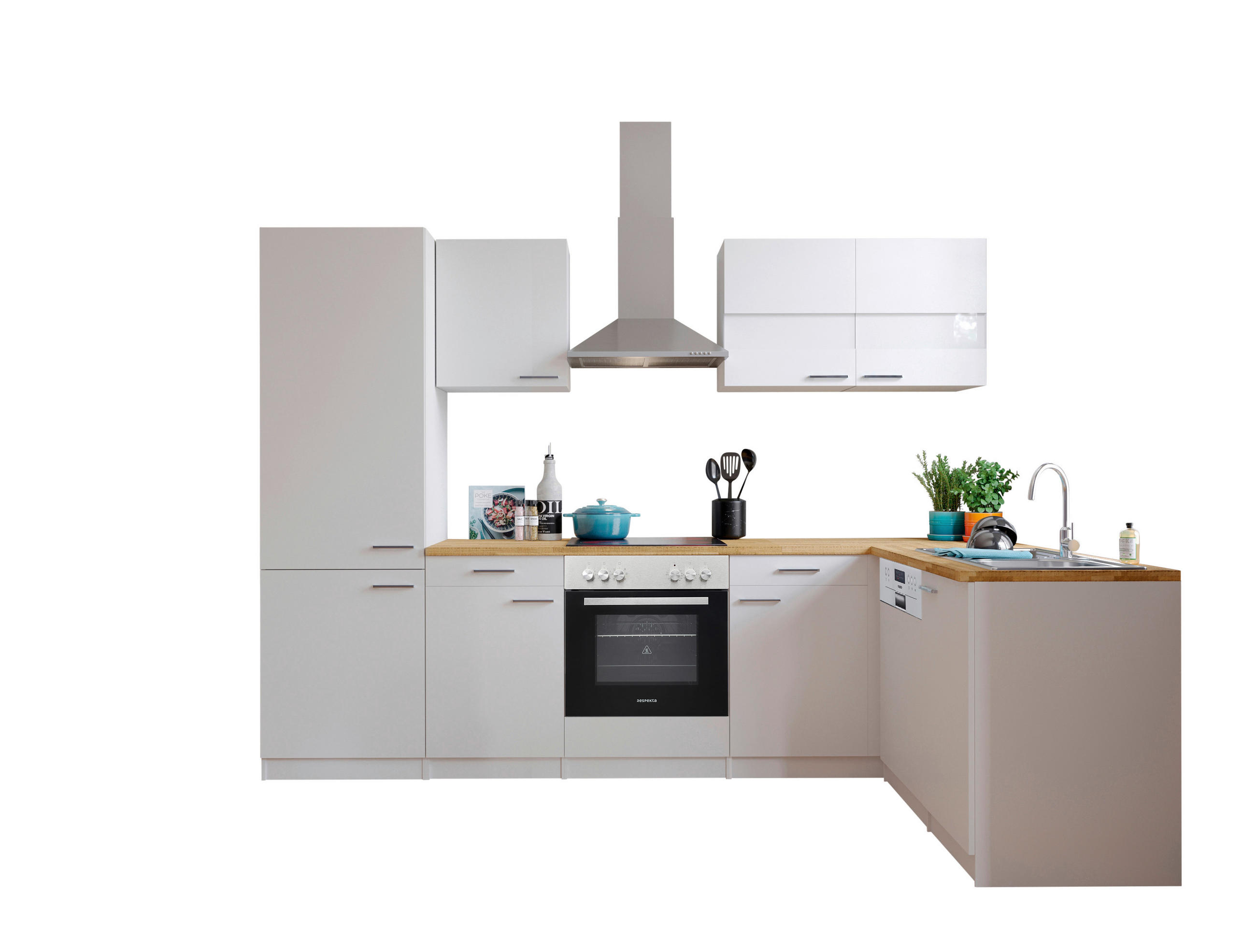 ECKKÜCHE 280/172 cm  in Weiß  - Edelstahlfarben/Nussbaumfarben, Basics, Holzwerkstoff/Metall (280/172cm) - Respekta