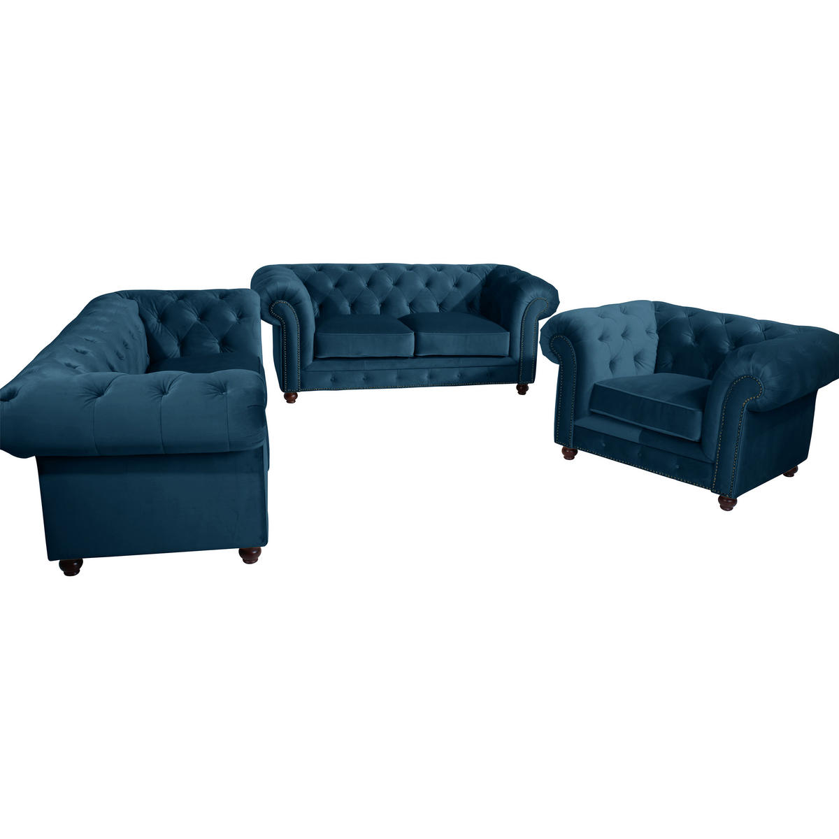 CHESTERFIELD-SOFA Orleans in Samt, Velours Petrol  - Nussbaumfarben/Petrol, Design, Holz/Textil (216/77/100cm) - Max Winzer