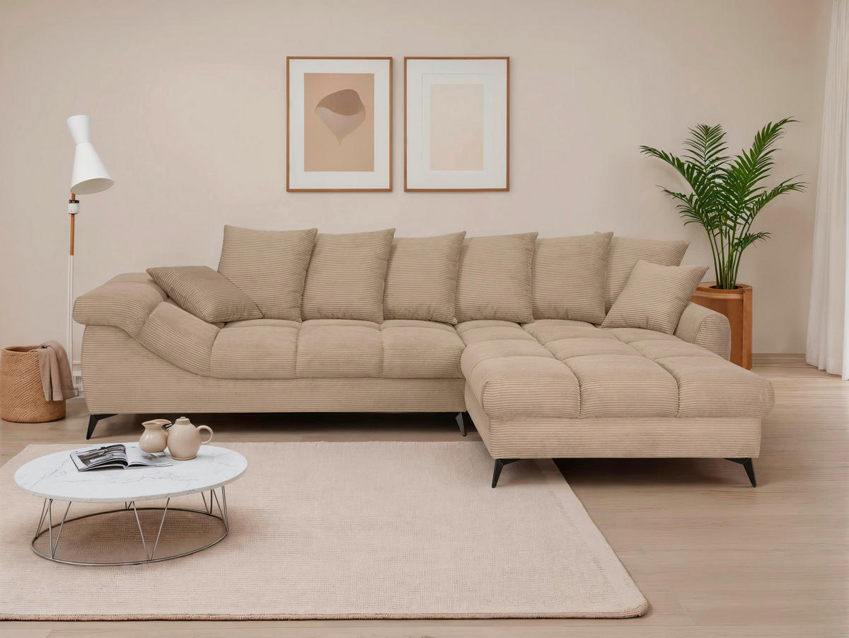 ECKSOFA Taupe Cord Rückenkissen, Armlehnenkissen, Rücken echt  - Taupe/Schwarz, KONVENTIONELL, Textil/Metall (332/231cm) - Carryhome