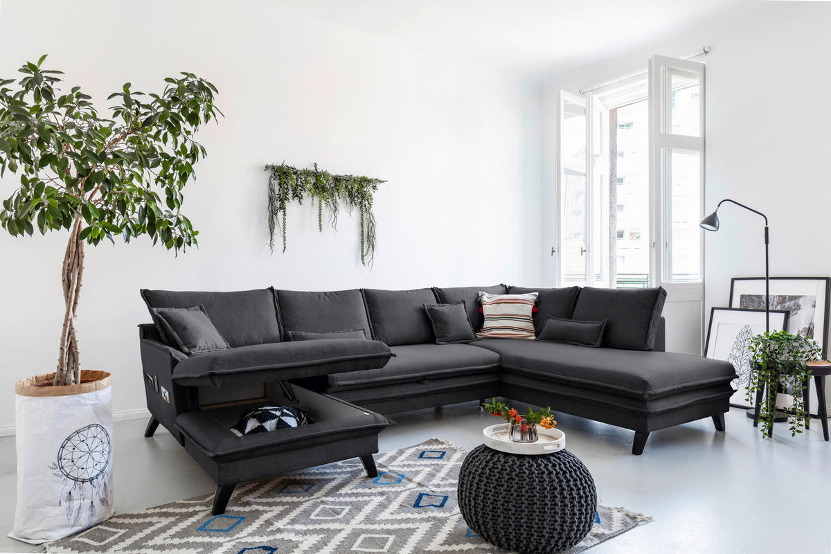 SEDEŽNA GARNITURA, mikrovlakna barve grafita  - črna/barve grafita, Design, tekstil/les (150/300/200cm) - P & B