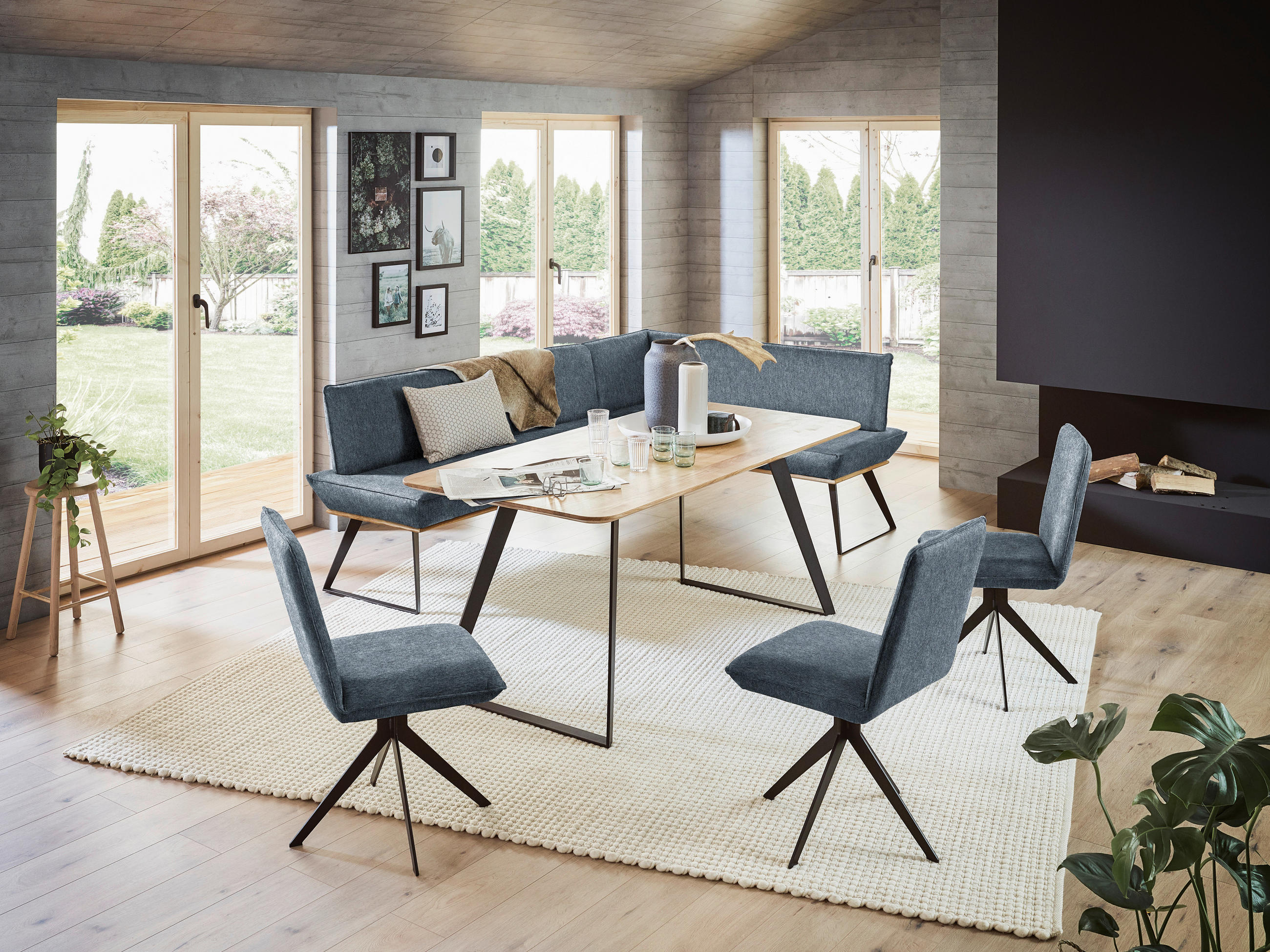 ECKBANK 243/183 cm Webstoff Anthrazit, Schwarz, Eichefarben Eiche massiv Metall   - Eichefarben/Anthrazit, Design, Holz/Textil (243/183cm) - Voleo
