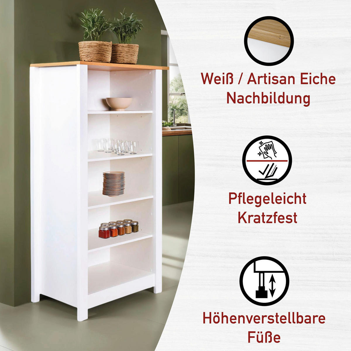 KÜCHENLEERBLOCK   in Weiß, Eiche Artisan  - Silberfarben/Weiß, MODERN, Glas/Holzwerkstoff (430/227/60cm) - home24