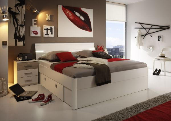 SET KREVETA I NOĆNIH ORMARIĆA 180/200 cm bijela, hrast Sonoma - bijela/hrast Sonoma, Design, drvni materijal (180/200cm) - Xora