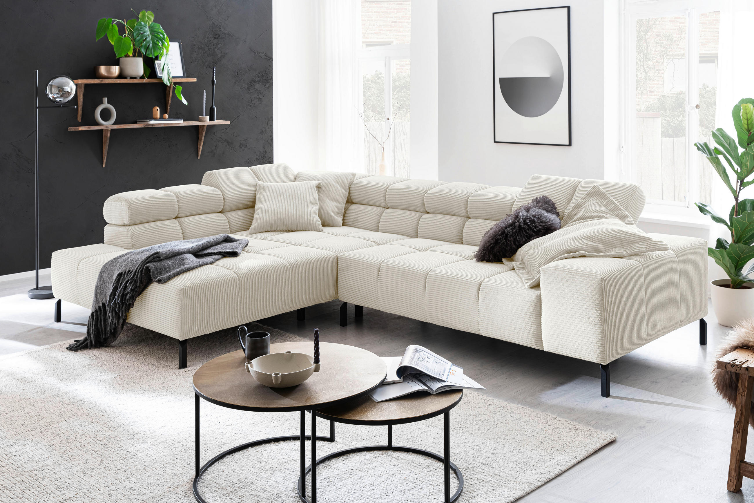 ECKSOFA in Cord Creme  - Creme/Schwarz, Design, Textil/Metall (216/321cm) - Hom`in