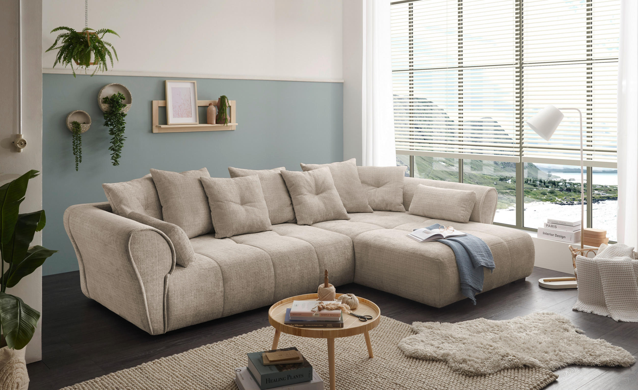 ECKSOFA Taupe Chenille  - Taupe/Schwarz, KONVENTIONELL, Kunststoff/Textil (330/197cm) - MID.YOU