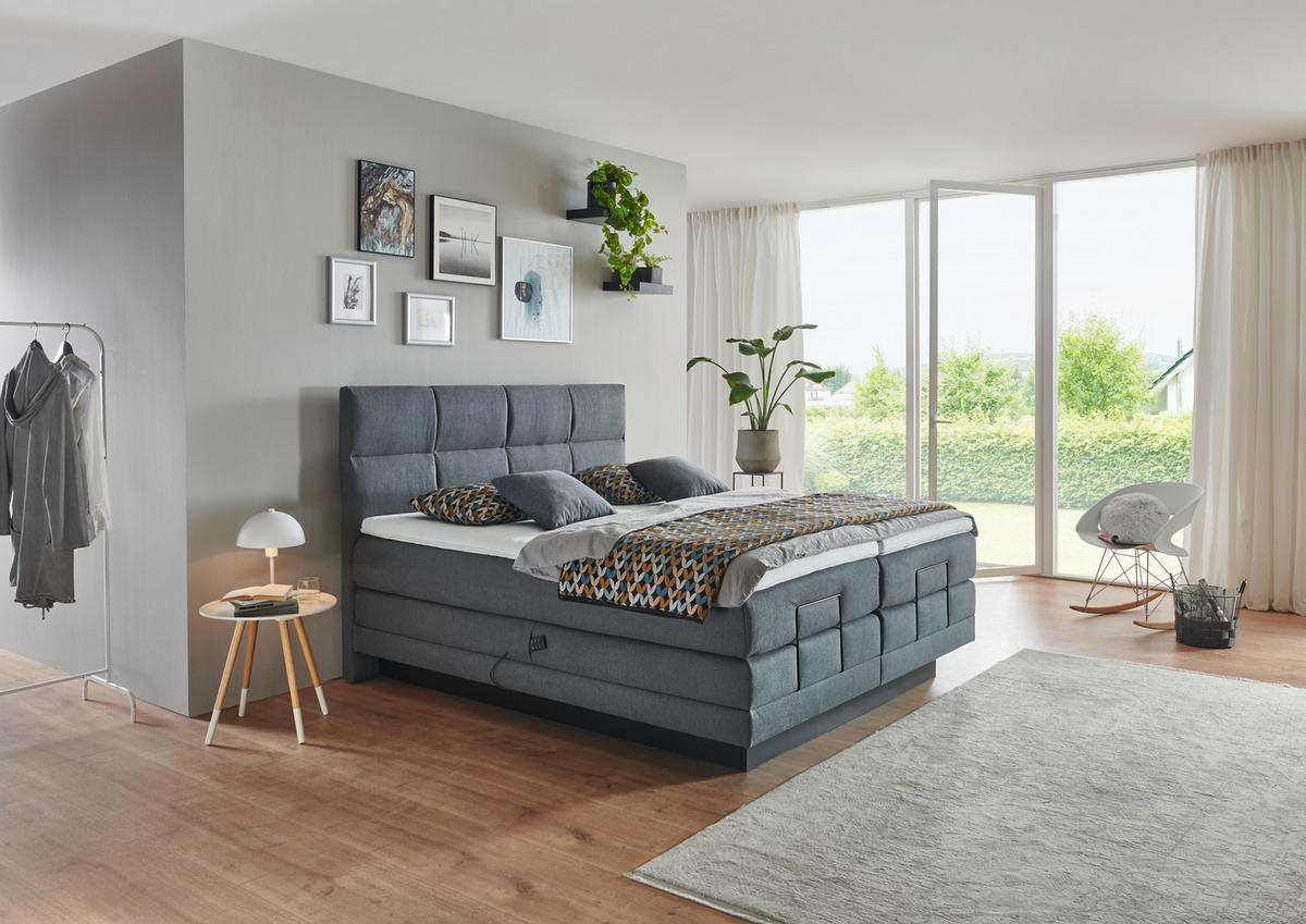 BOXSPRINGBETT 180/200 cm,  in Grau, Matratze, gepolstertes Kopfteil, Topper, motorische Verstellbarkeit, H3 + H4 = fest + sehr fest  - Schwarz/Grau, MODERN, Holzwerkstoff/Kunststoff (180/200cm) - Beldomo - Sleep