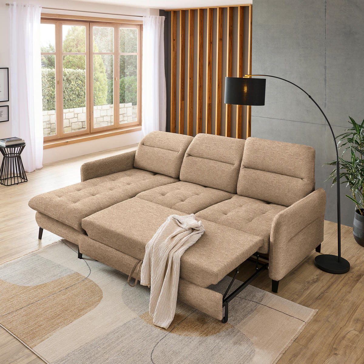 ECKSOFA Hellbraun Plüsch  - Hellbraun/Schwarz, KONVENTIONELL, Textil/Metall (190/254cm) - Livetastic