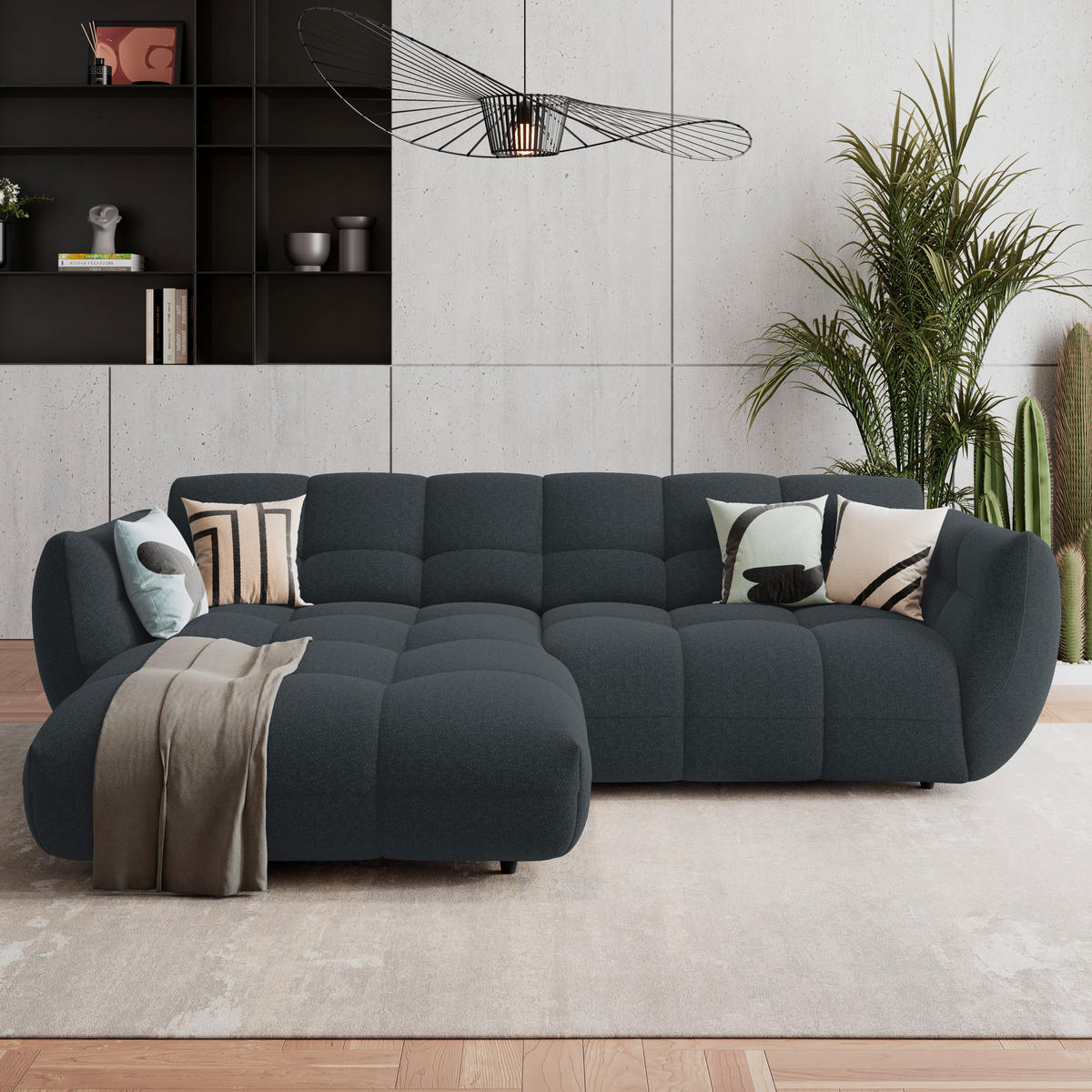 ECKSOFA Chenille Dunkelblau  - Dunkelgrün/Schwarz, Trend, Kunststoff/Textil (178/280cm) - MID.YOU