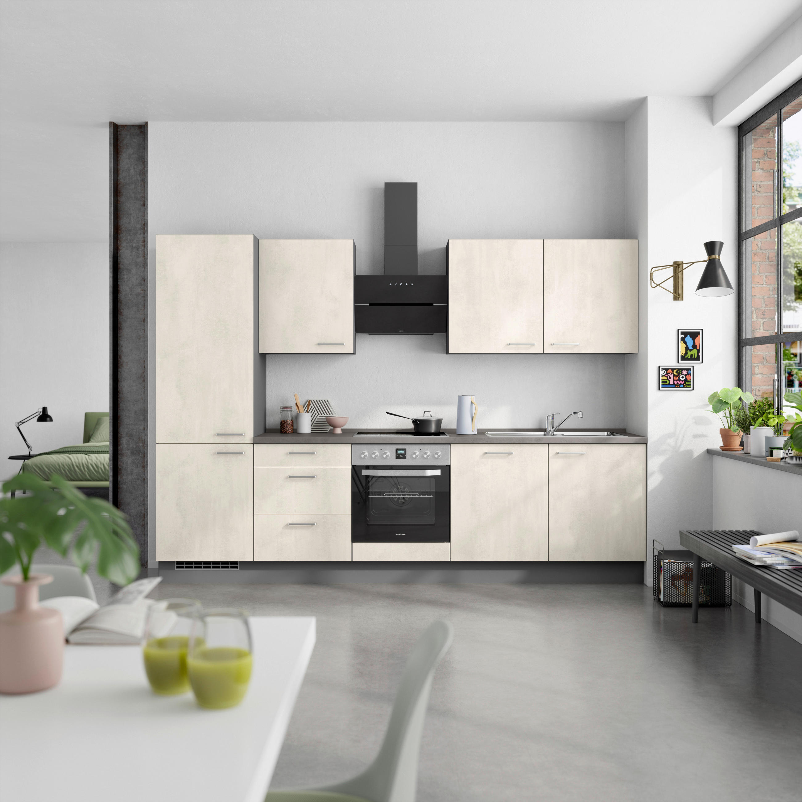 KÜCHENBLOCK Riva 300 cm  in Weiß, Schieferfarben  - Schieferfarben/Edelstahlfarben, MODERN, Holzwerkstoff/Metall (300cm) - Nobilia