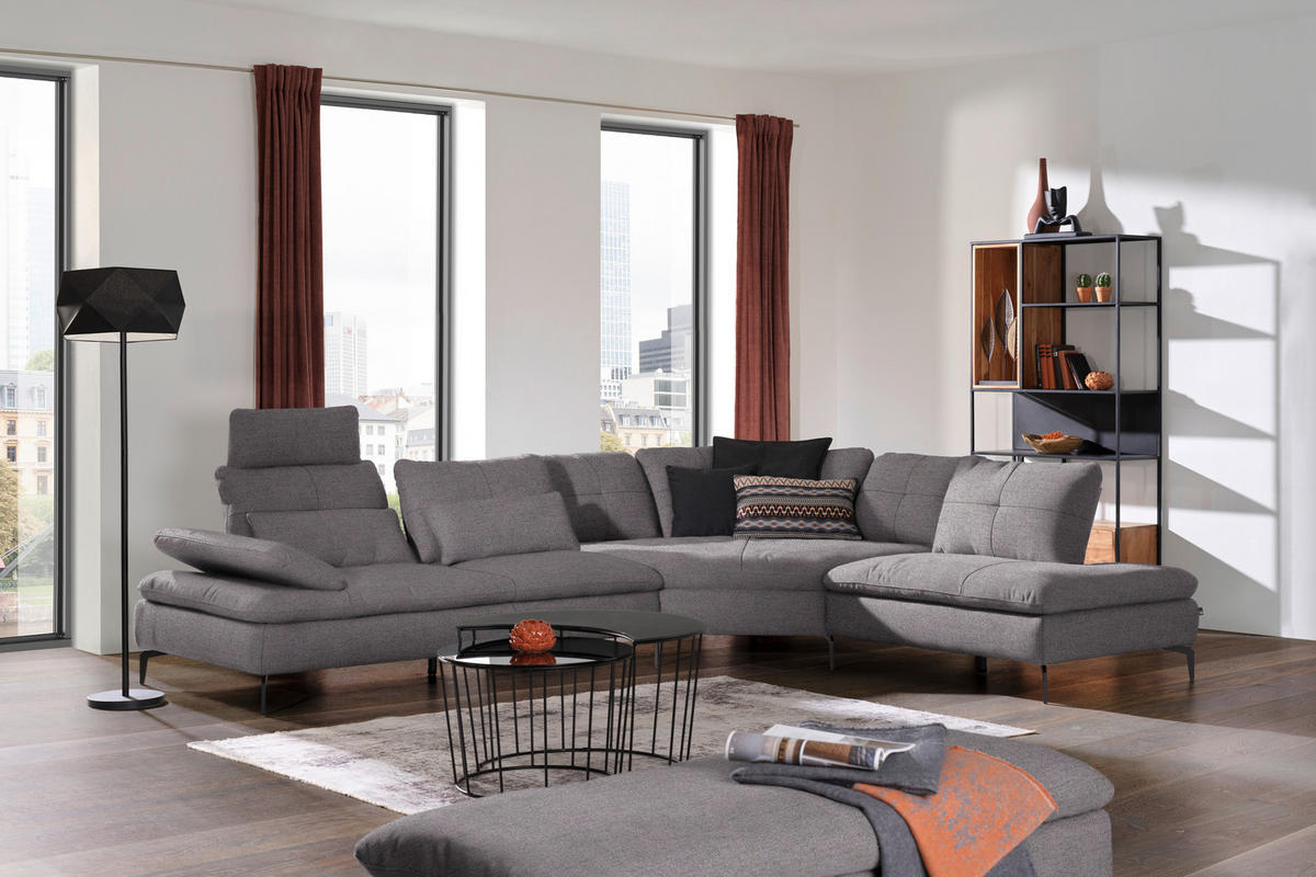 ECKSOFA in Flachgewebe Anthrazit  - Anthrazit/Schwarz, Design, Textil/Metall (344/271cm) - Chilliano
