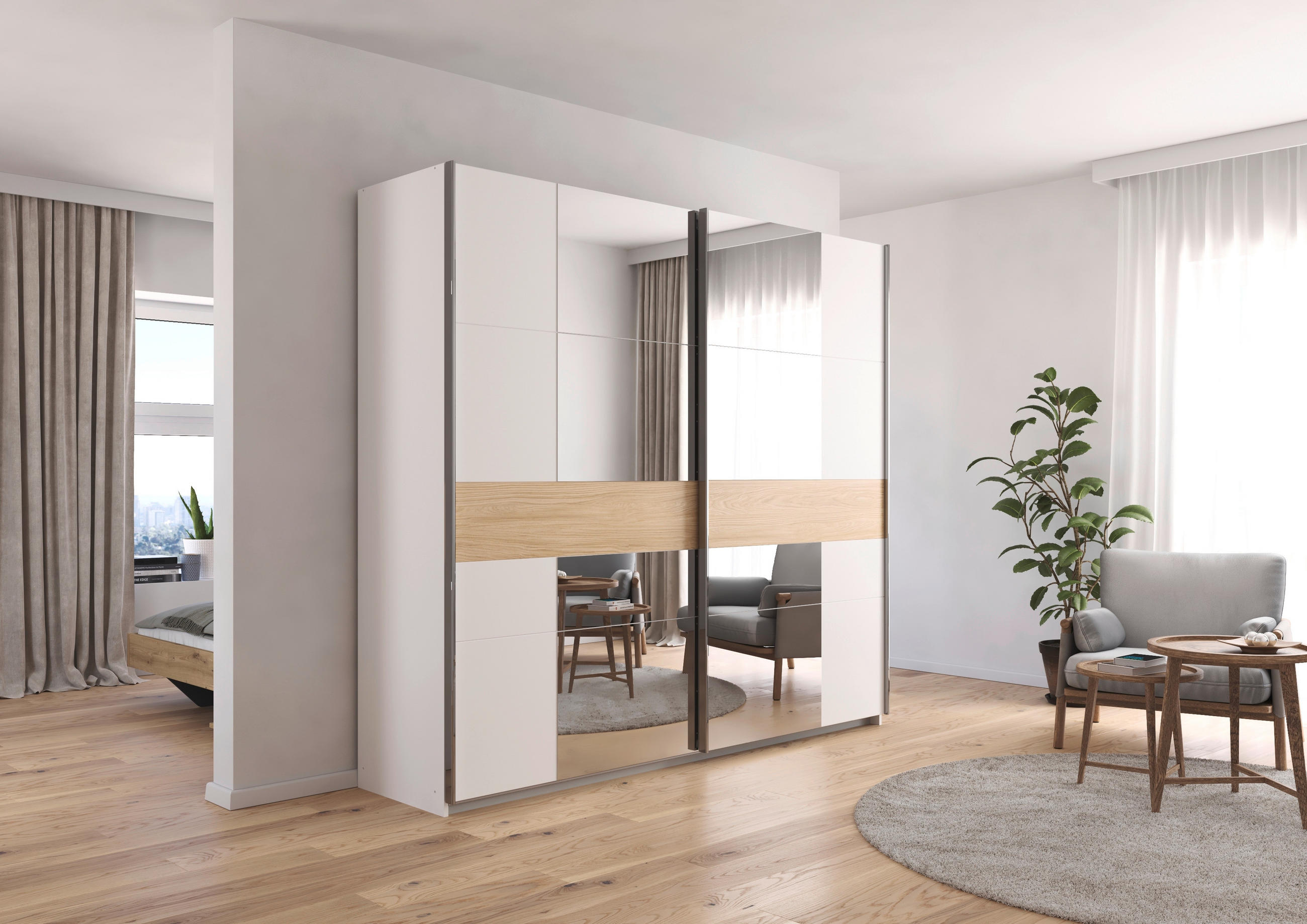 SCHWEBETÜRENSCHRANK 225/210/57 cm 2-türig Weiß, Eichefarben  - Chromfarben/Eichefarben, KONVENTIONELL, Holzwerkstoff/Metall (225/210/57cm) - Rauch Möbel