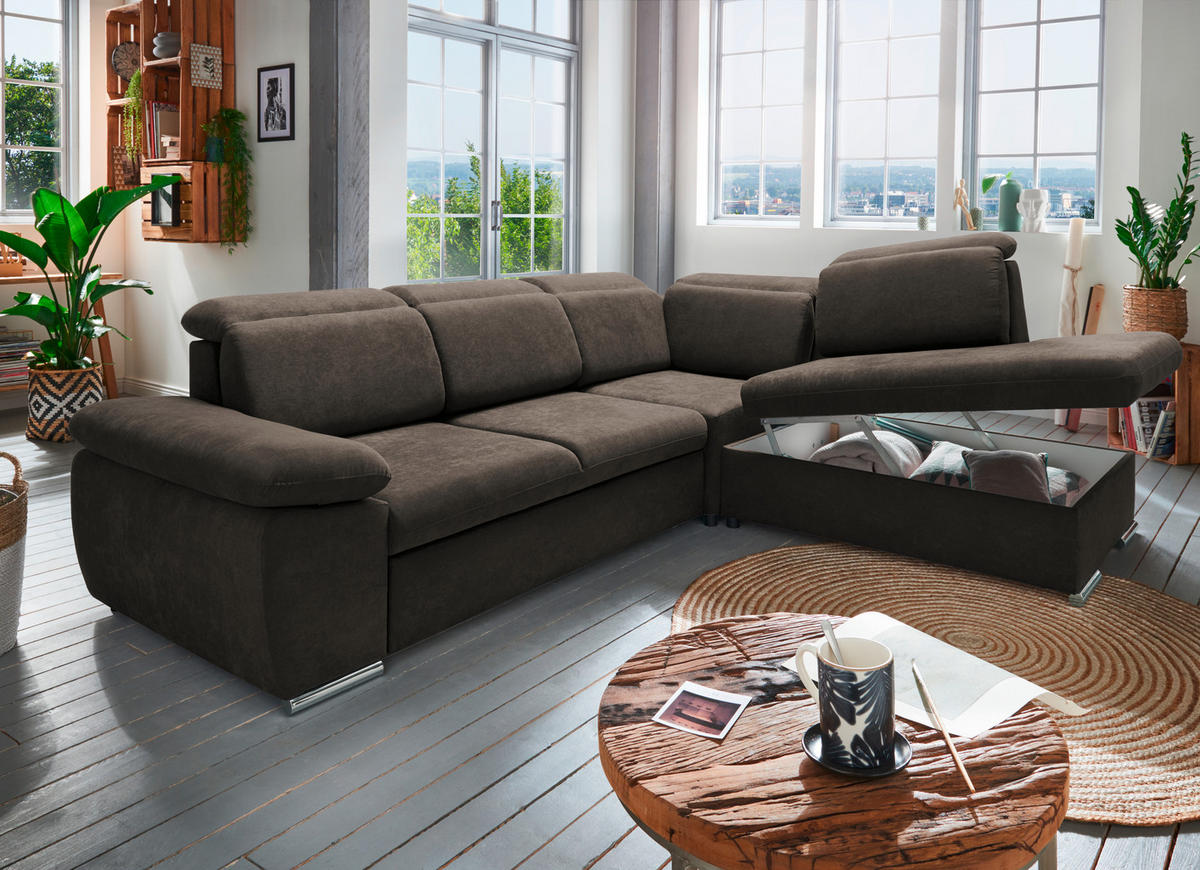 ECKSOFA in Mikrofaser Dunkelbraun  - Chromfarben/Dunkelbraun, Design, Textil/Metall (283/228cm) - Livetastic