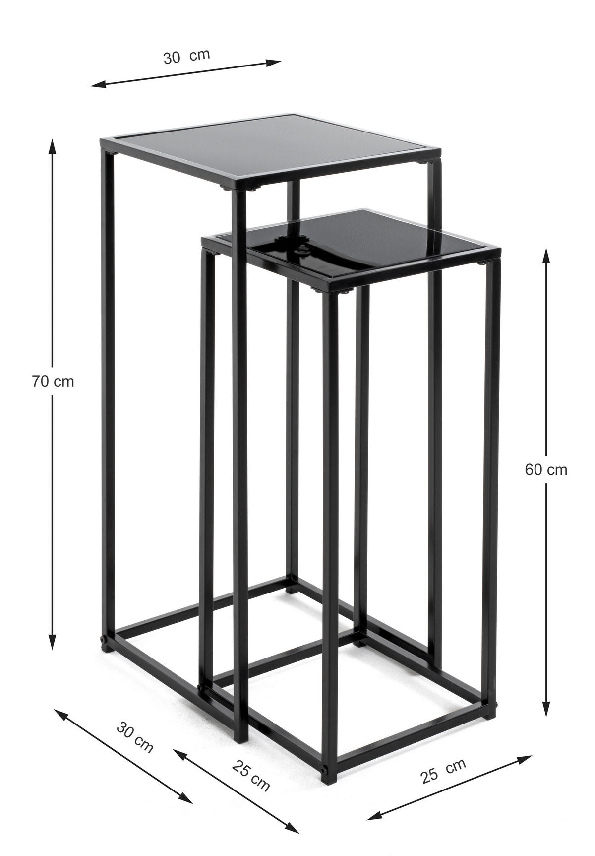 BLUMENTISCHSET in Metall, Glas 25-30/25-30/60-70 cm  - Schwarz, Design, Glas/Metall (25-30/25-30/60-70cm)