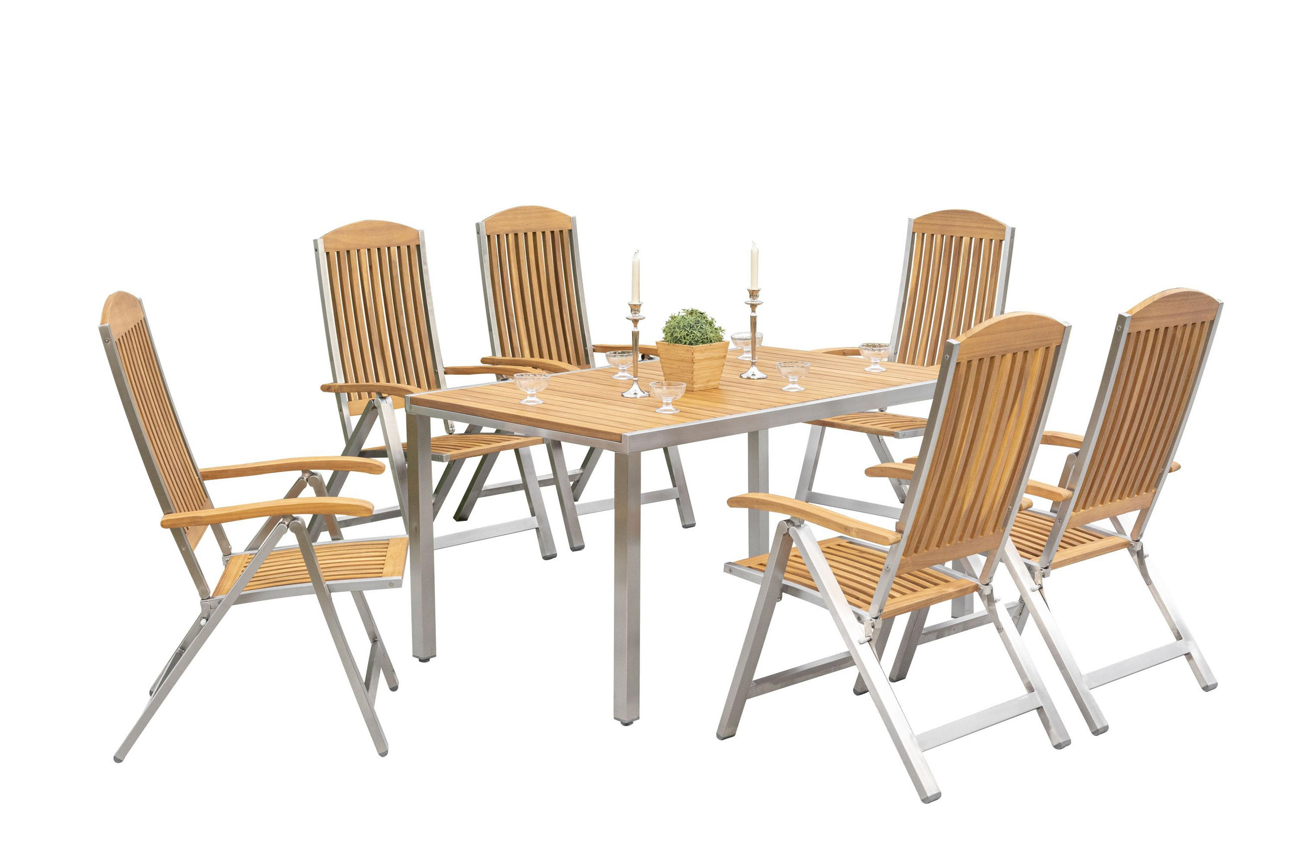 GARTENTISCHGRUPPE Akazie Hartholz Edelstahl  - Silberfarben/Akaziefarben, KONVENTIONELL, Holz/Metall - Gardenson