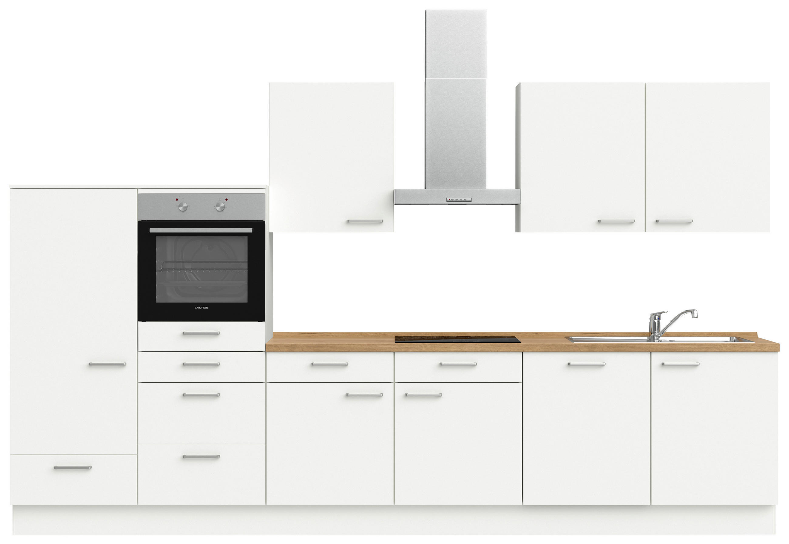 KÜCHENLEERBLOCK 360 cm   in Weiß, Eichefarben  - Edelstahlfarben/Eichefarben, MODERN, Holzwerkstoff/Metall (360cm) - Nobilia